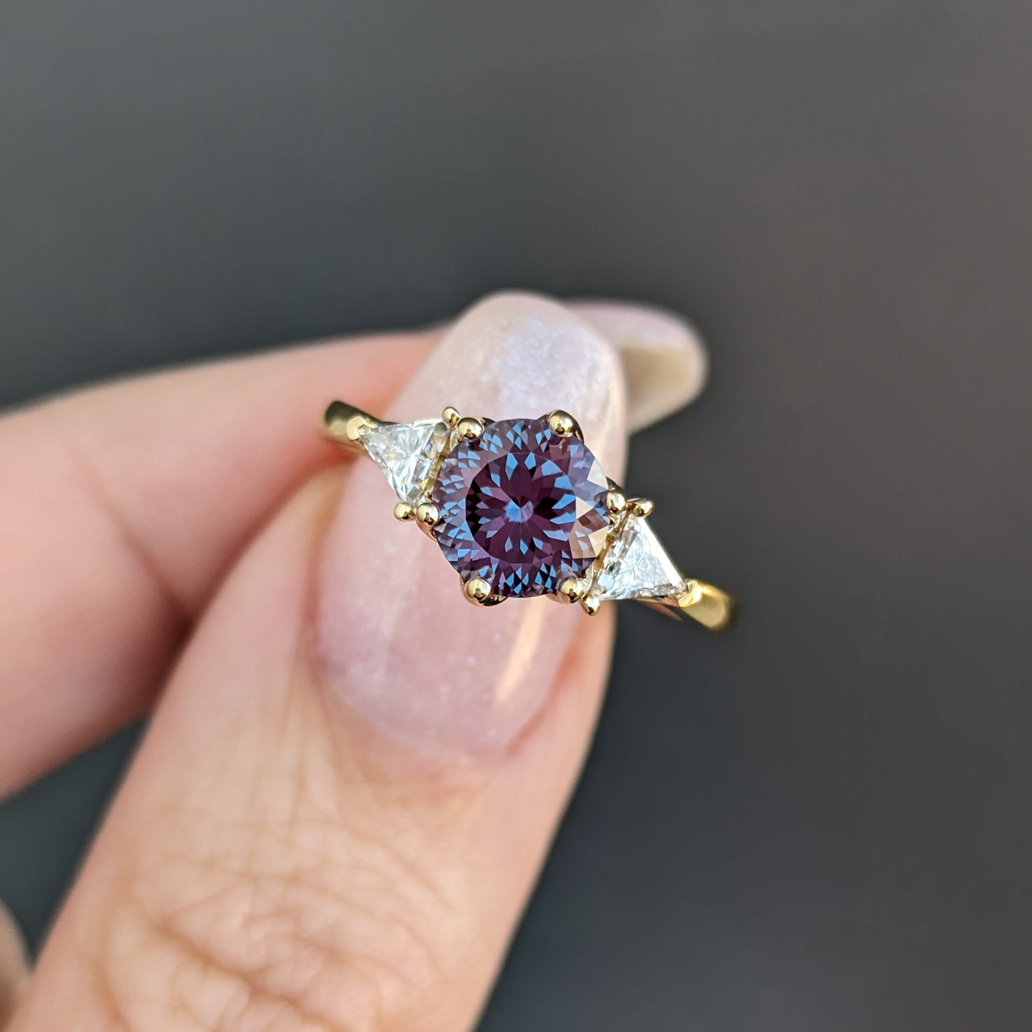 fiona three stone ring with round lab alexandrite
