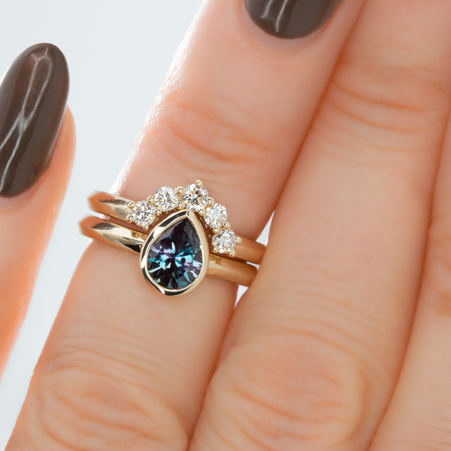 alexandra wedding set with alexandrite pear bezel