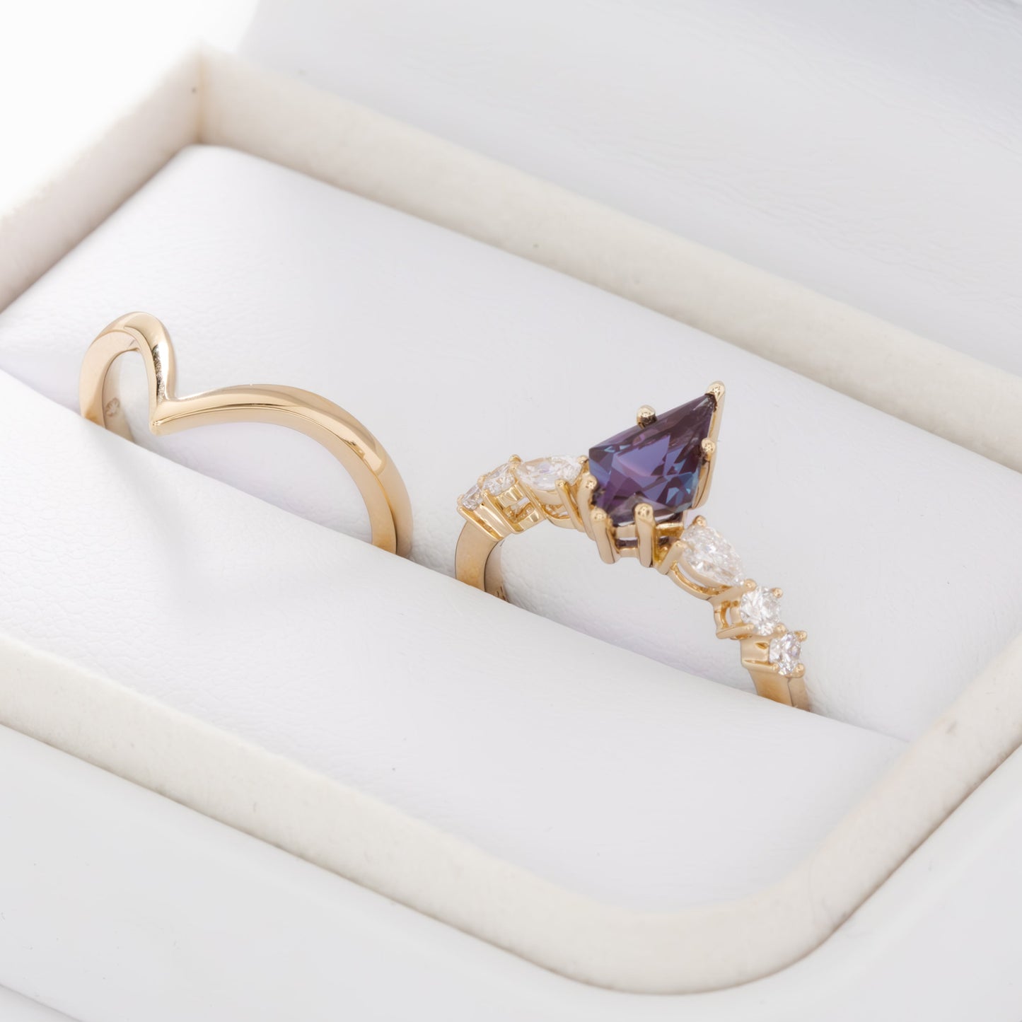 Aurelia wedding set with kite cut lab alexandrite