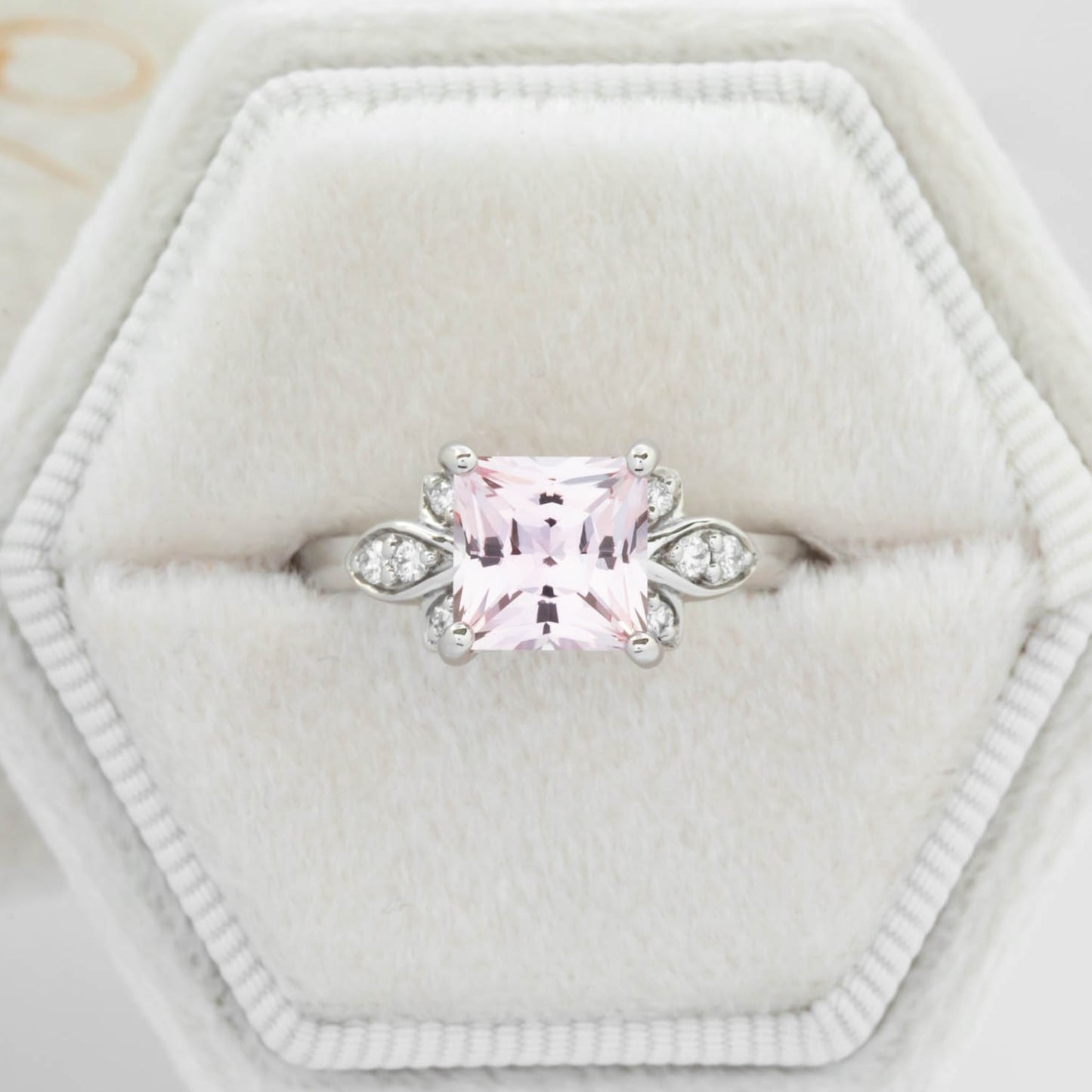 princess cut pink lab sapphire floral inspired ring