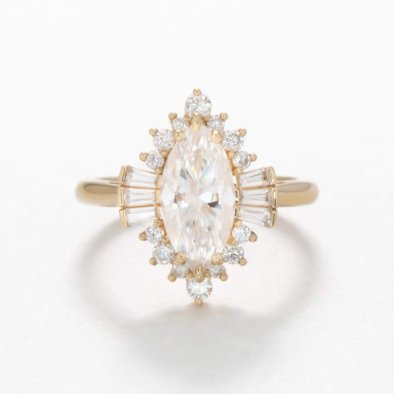 Celeste halo engagement ring with marquise moissanite