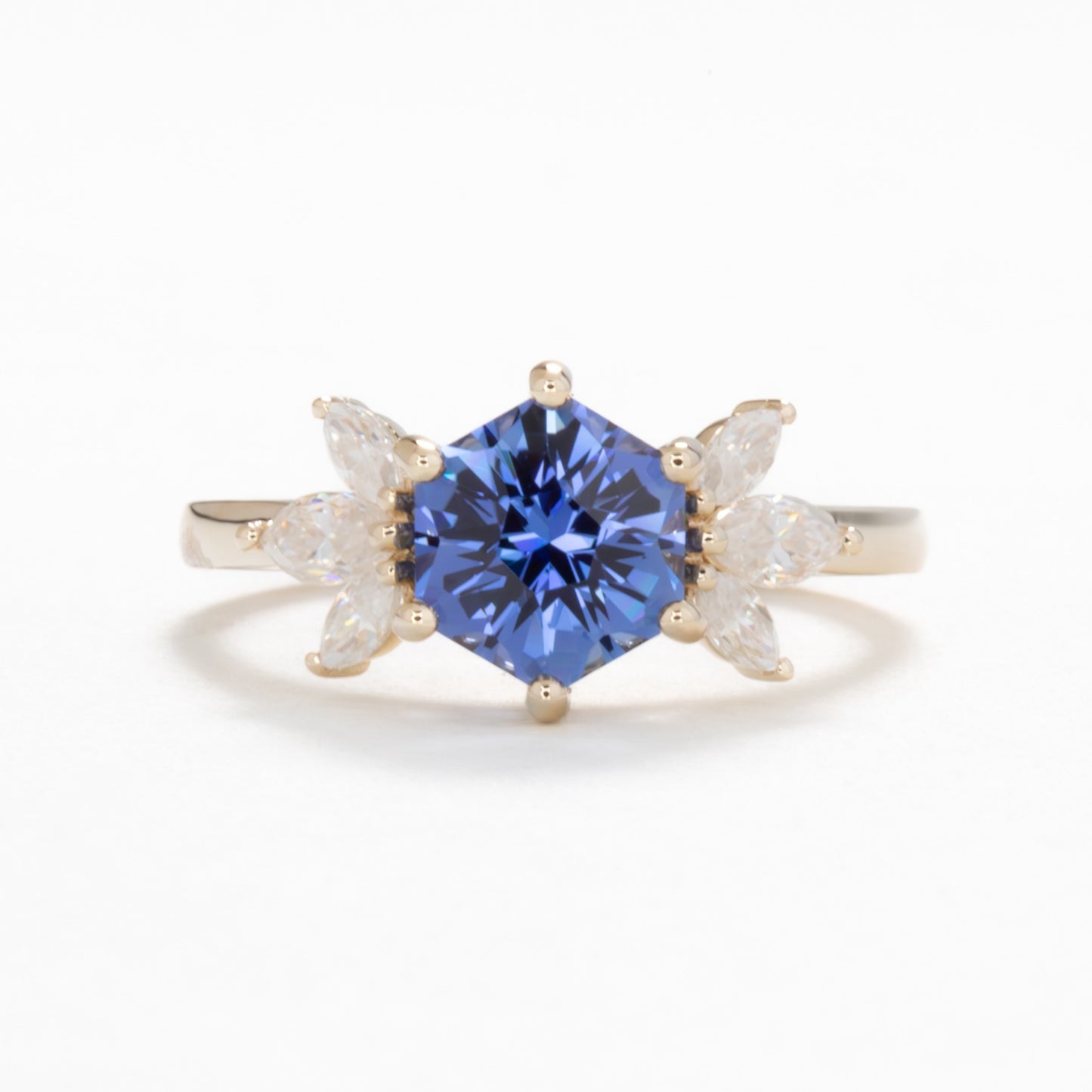 Enya engagement ring with hex lab sapphire