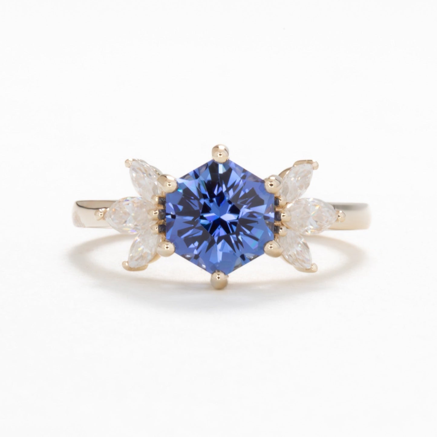 Enya engagement ring with hex lab sapphire