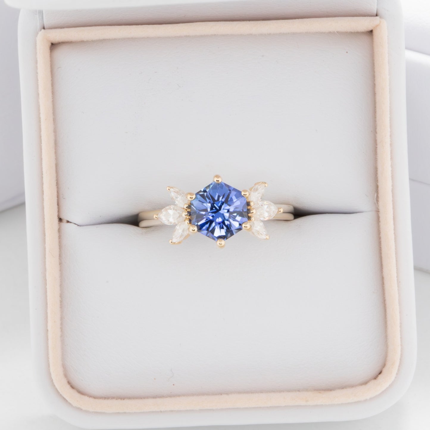 Enya engagement ring with hex lab sapphire