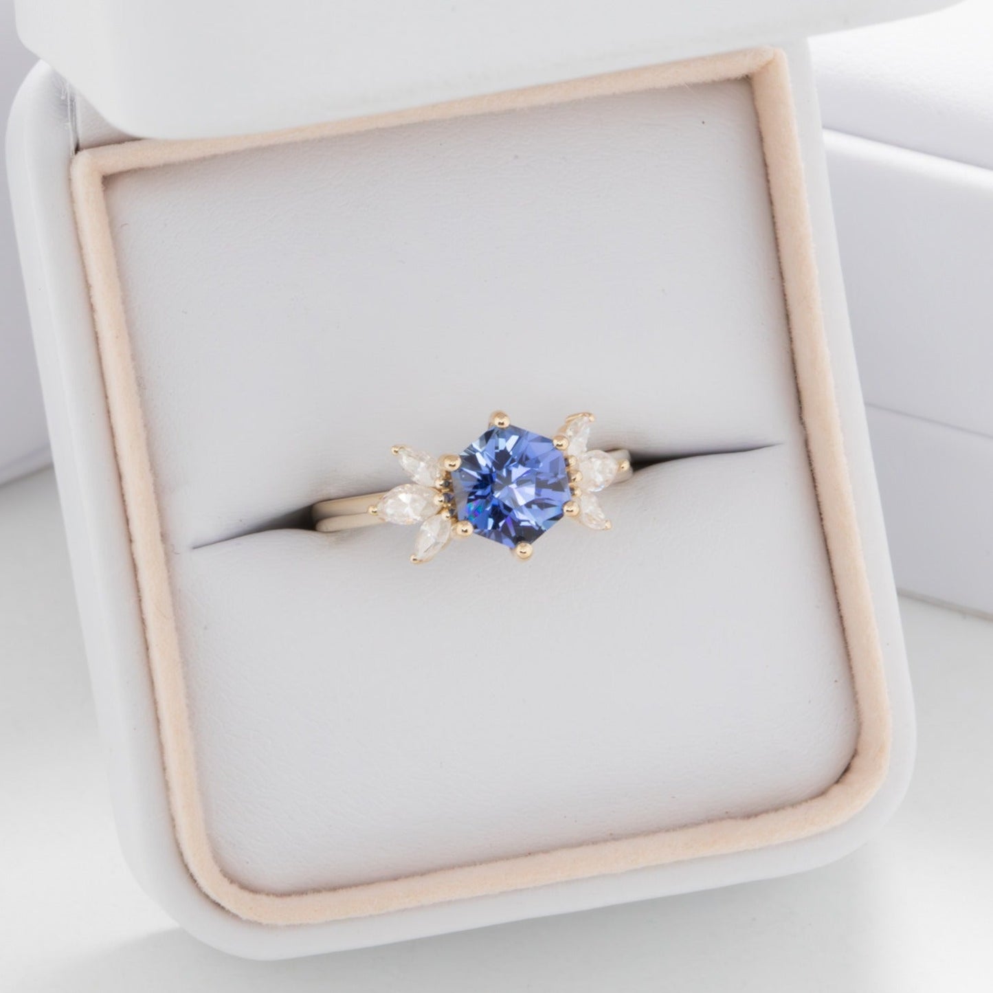 Enya engagement ring with hex lab sapphire