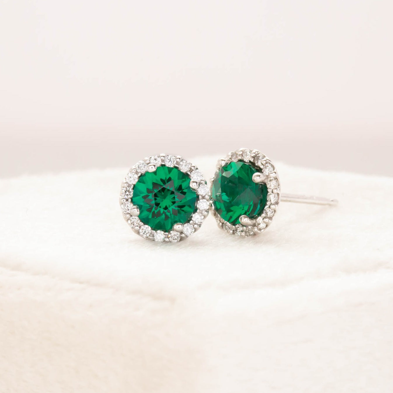 lab emerald and diamond halo earrings