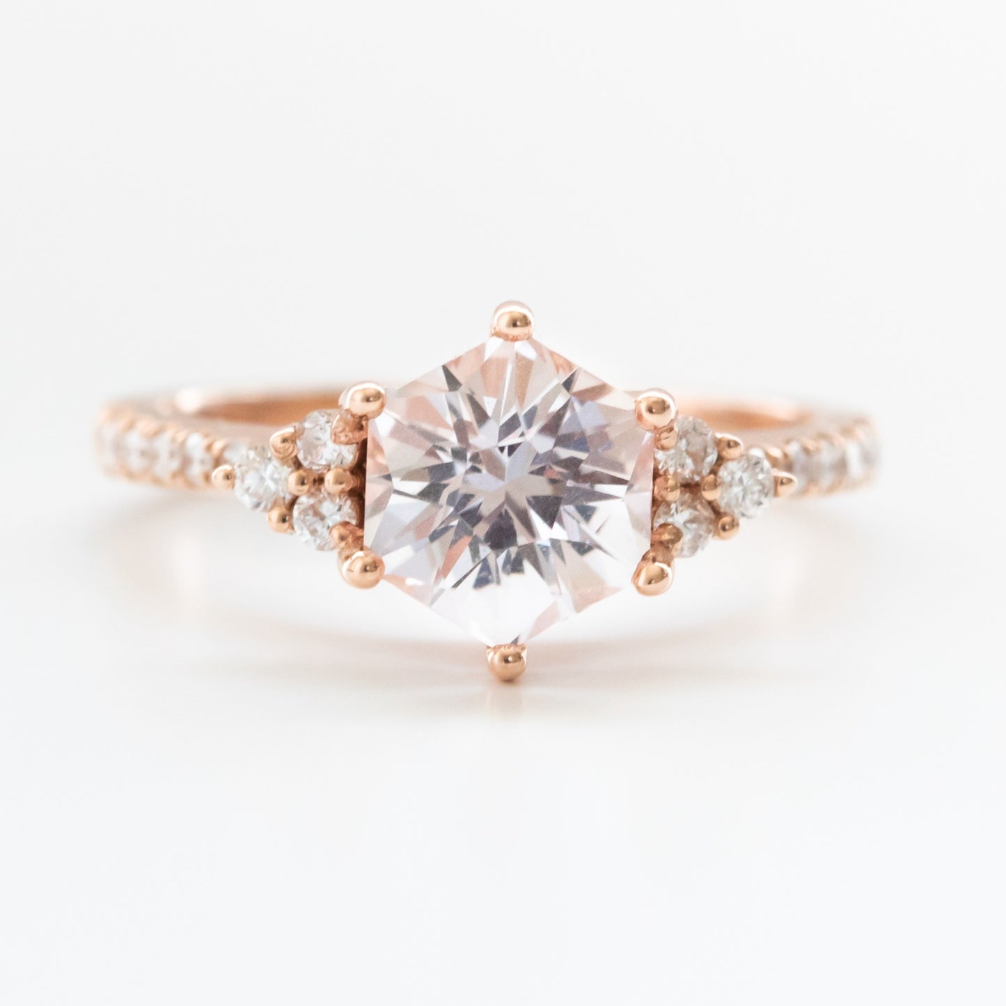 Juliette engagement ring with hex cut peach lab sapphire