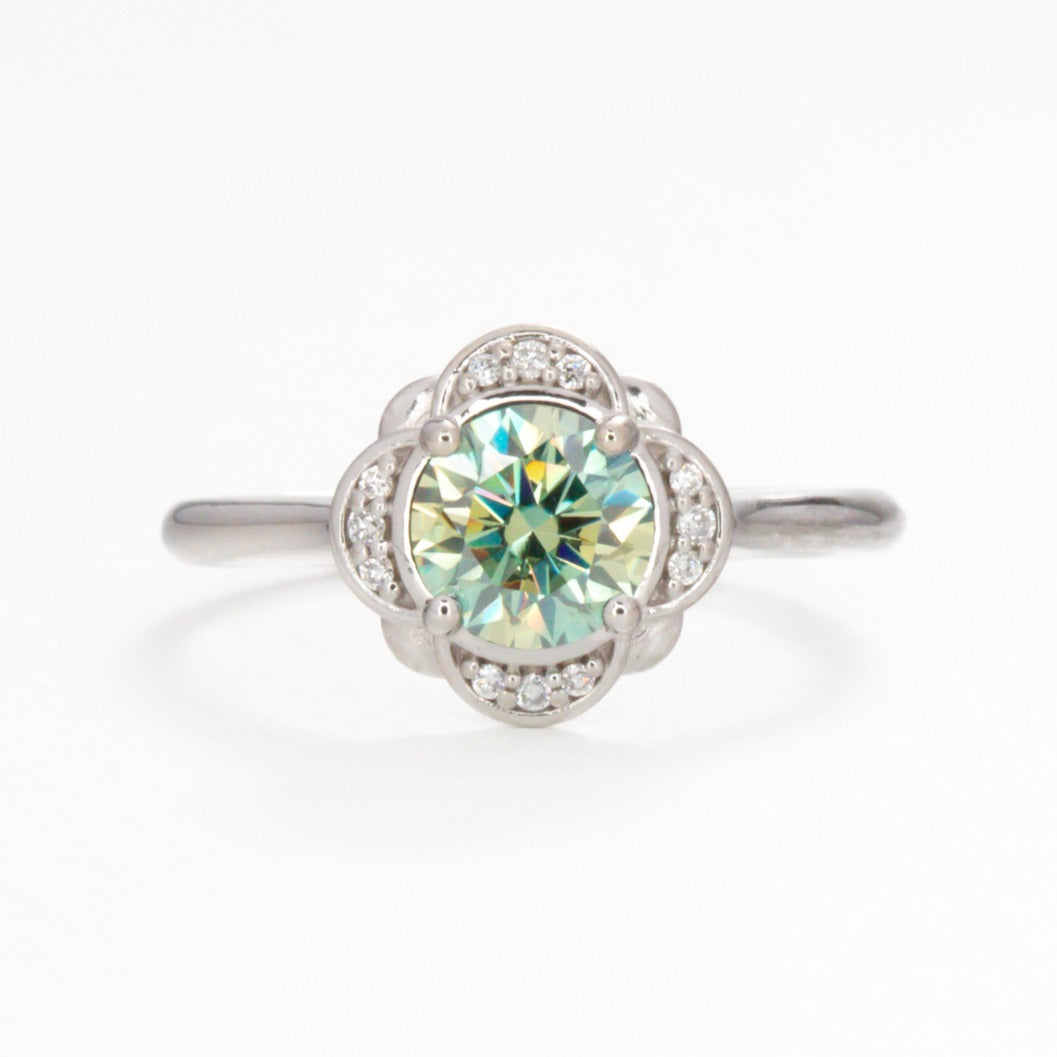 Lalita halo nature inspired engagement ring with teal moissanite