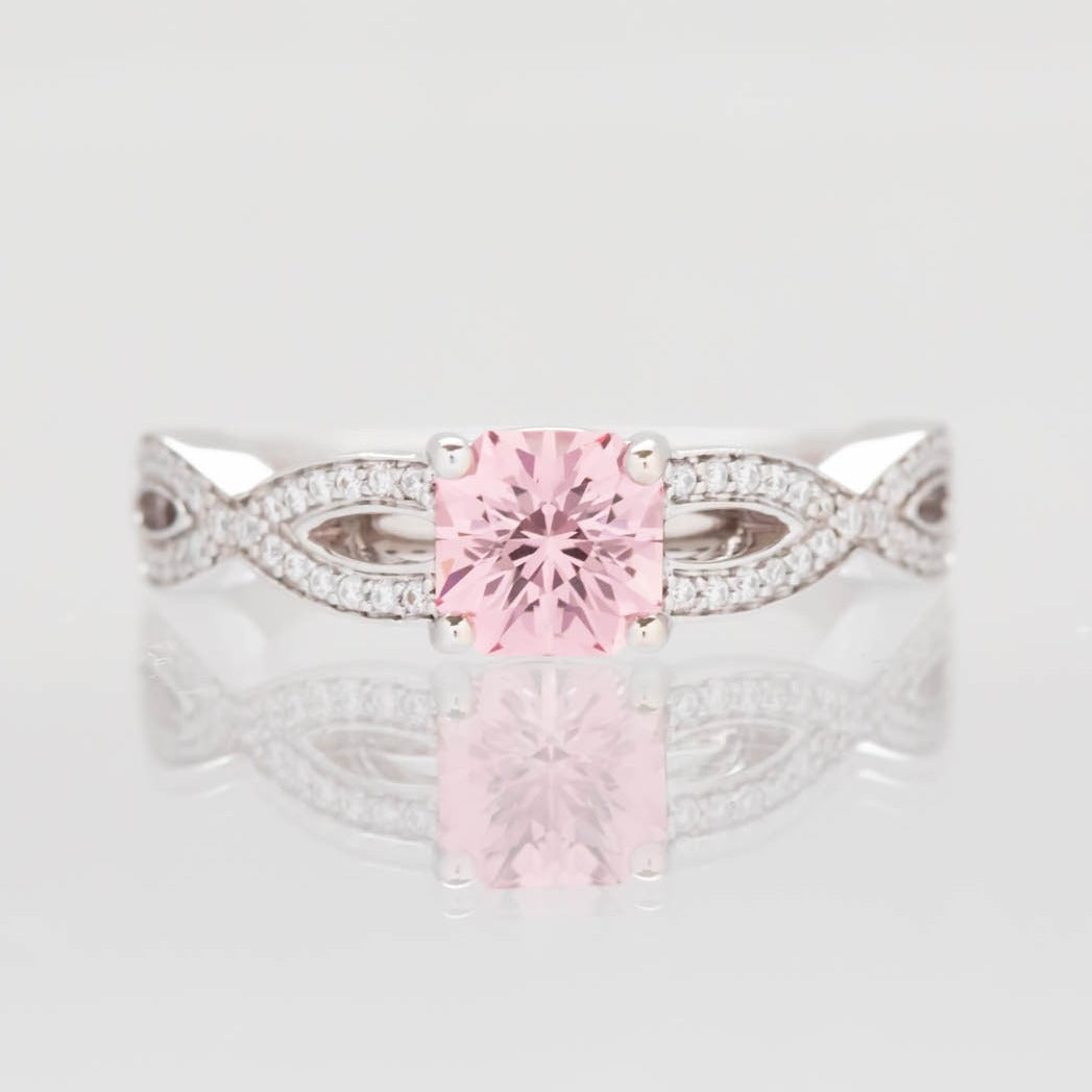 Monroe pink lab sapphire asscher engagement ring