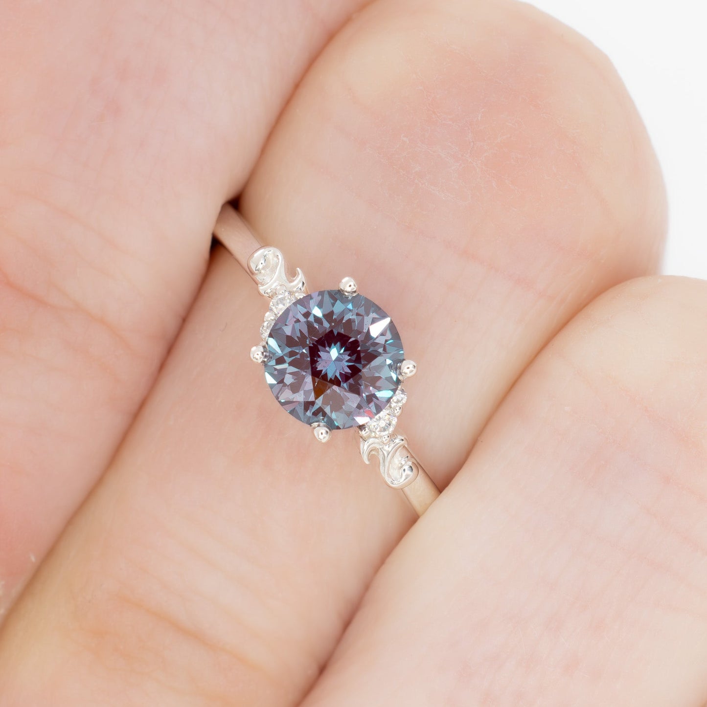 Nellie nature inspired engagement ring with round lab alexandrite