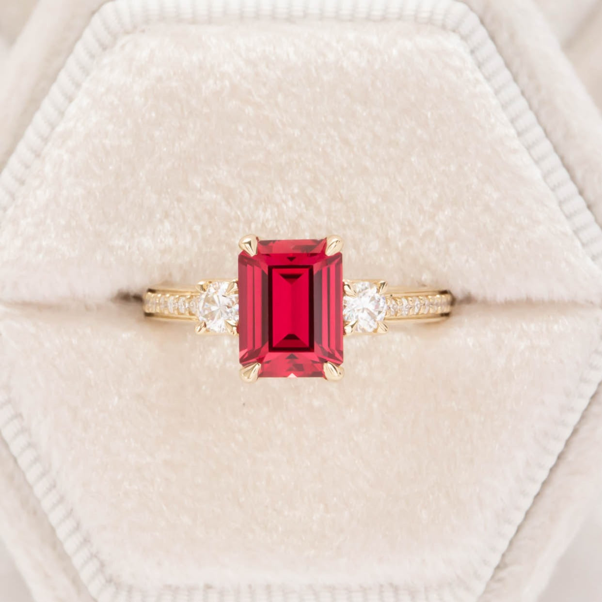 Oriane engagement ring with step cut lab ruby