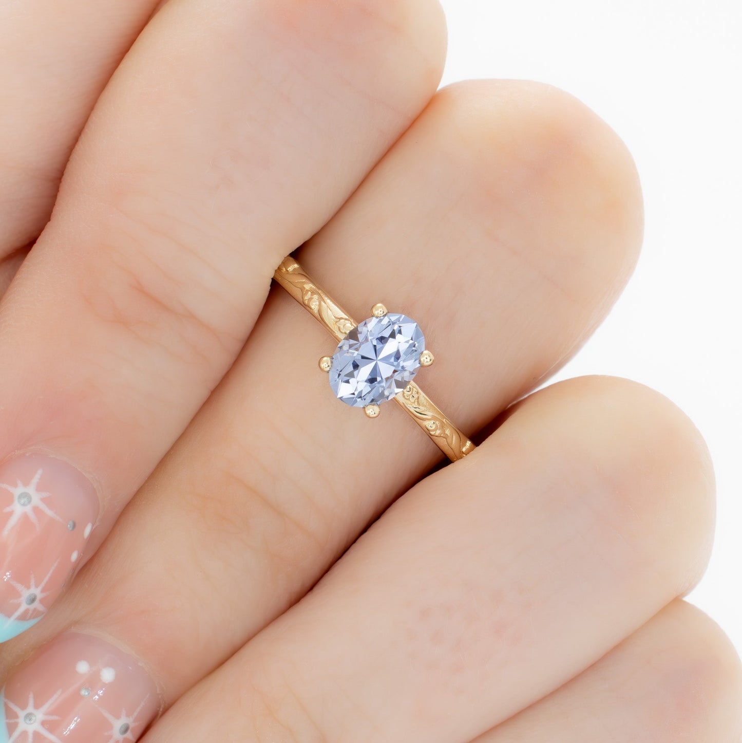Shelby nature inspired wedding set with oval light blue lab sapphire