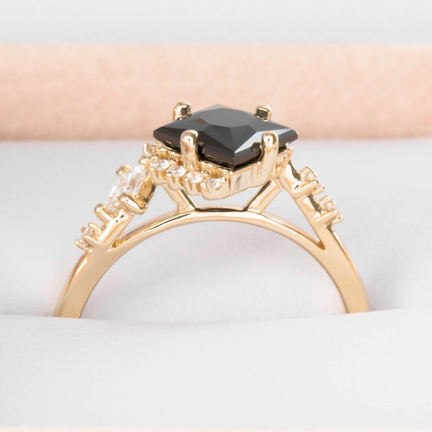 Tracy princess cut accented engagement ring with black moissanite