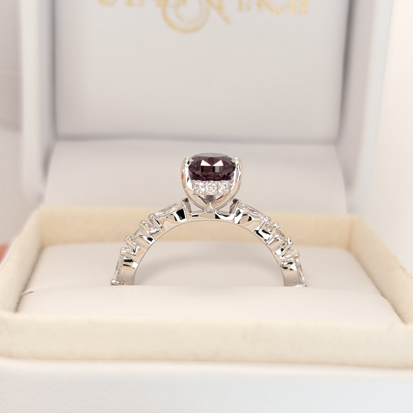 Wren engagement ring with lab diamonds and pear lab alexandrite