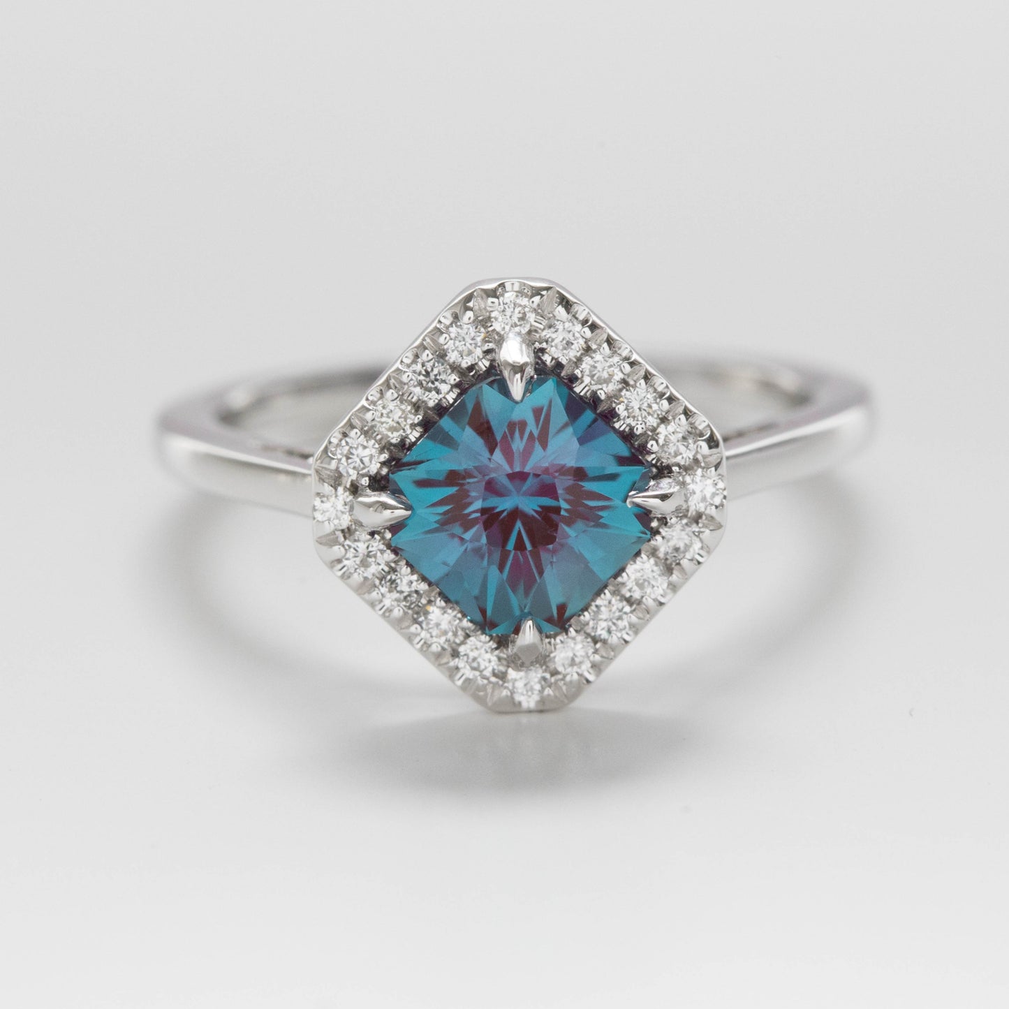 diamond set asscher alexandrite halo engagement ring