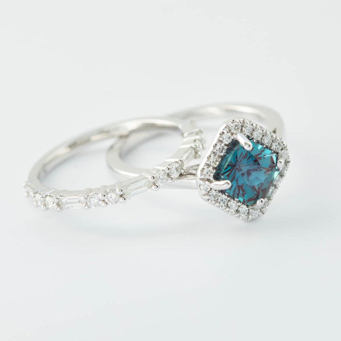 diamond set asscher alexandrite halo wedding set