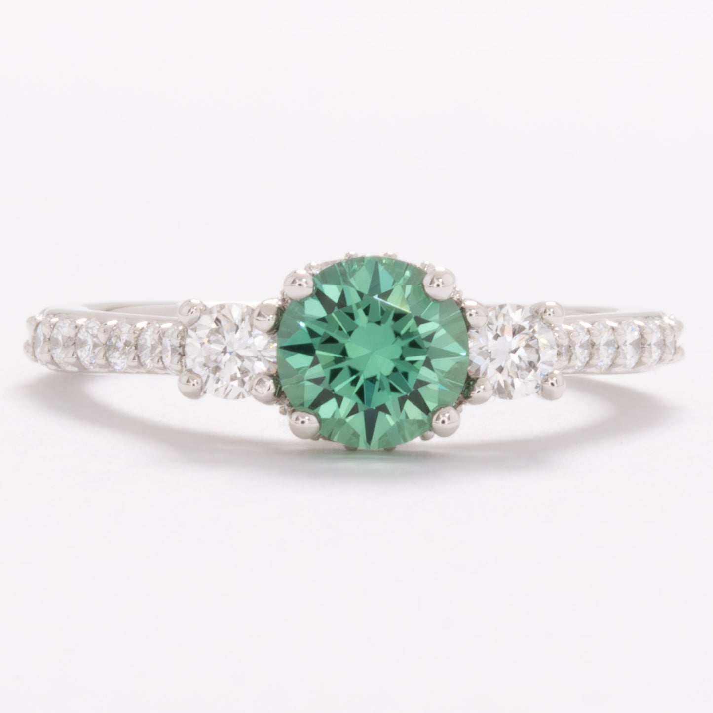 addison three stone engagement ring with green lab sapphire round