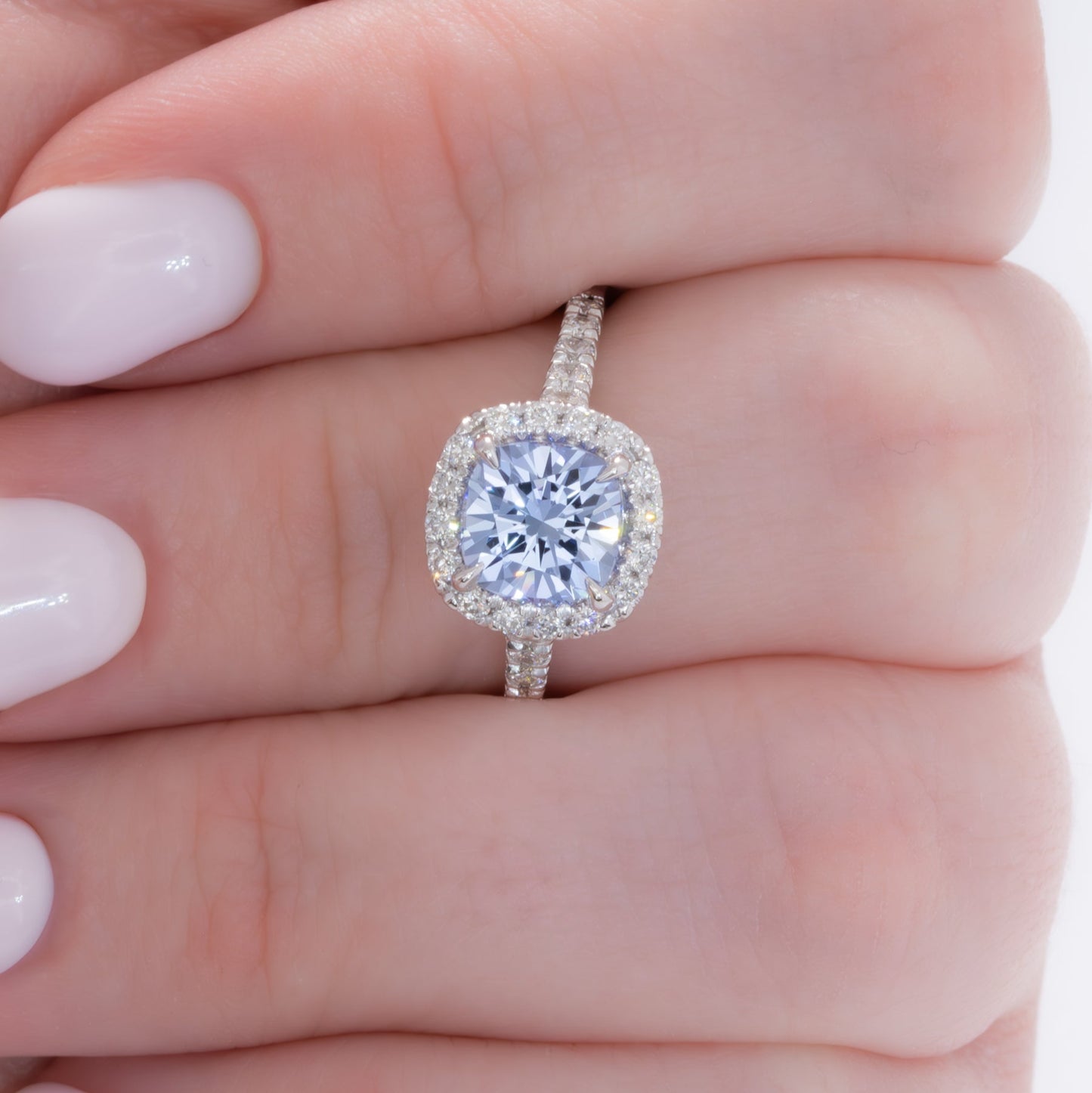 athena halo engagement ring with cushion blue lab sapphire