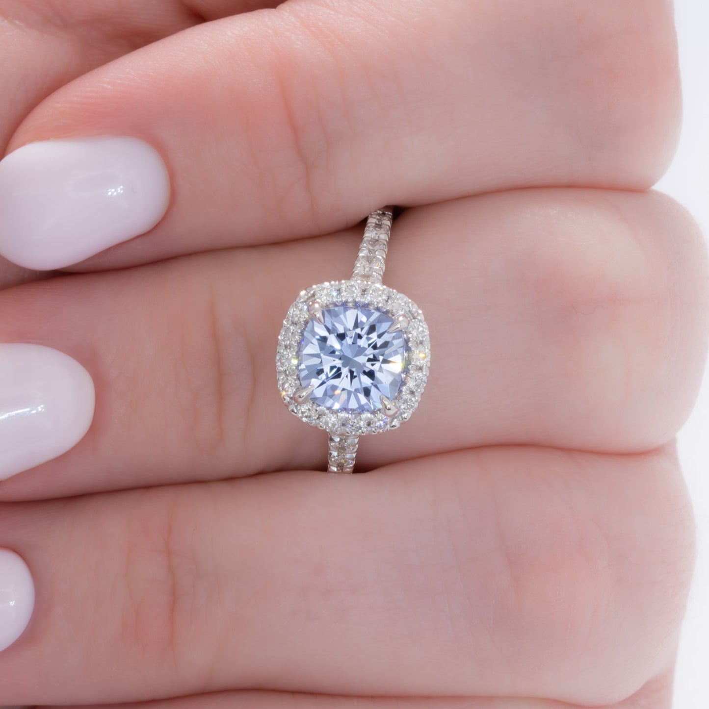 athena halo engagement ring with cushion blue lab sapphire