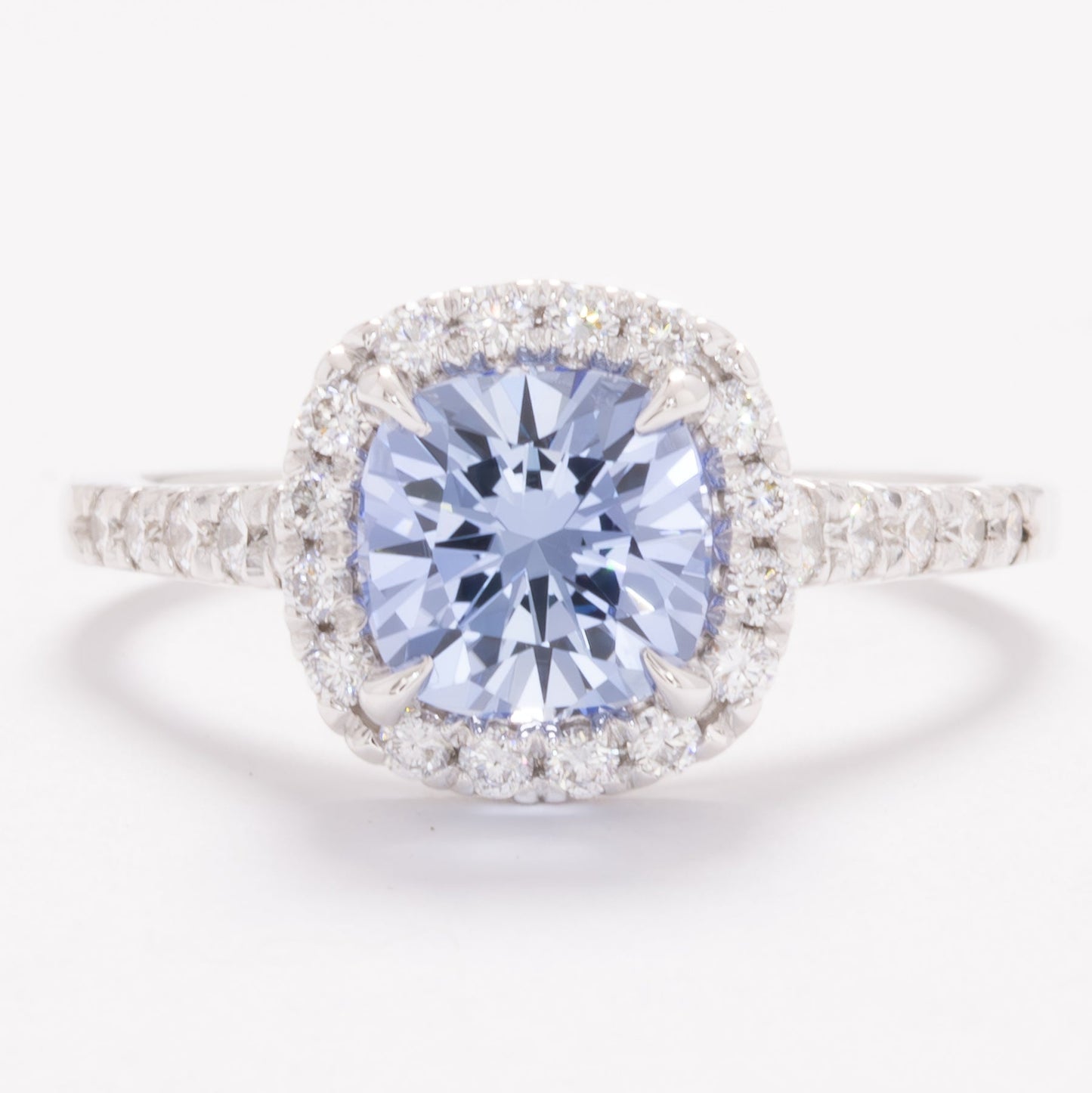 athena halo engagement ring with cushion blue lab sapphire