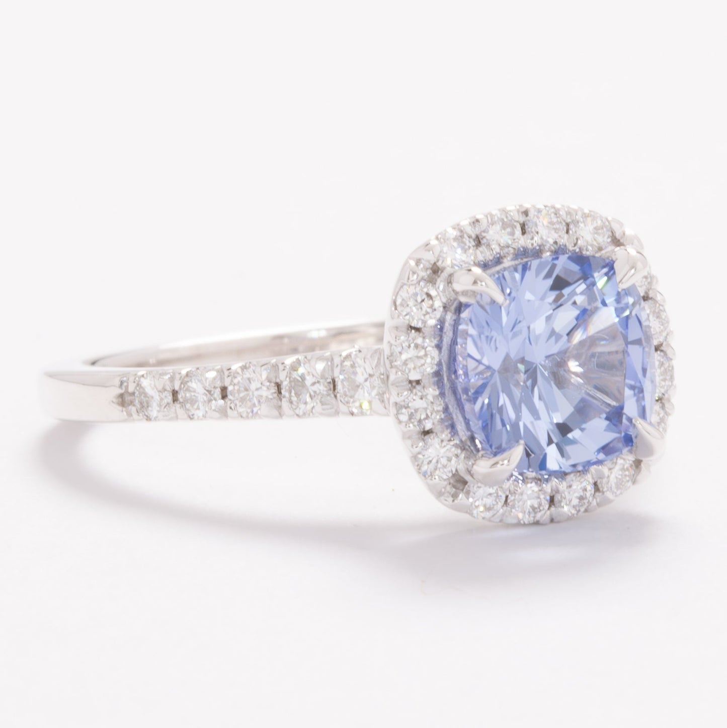 athena halo engagement ring with cushion blue lab sapphire