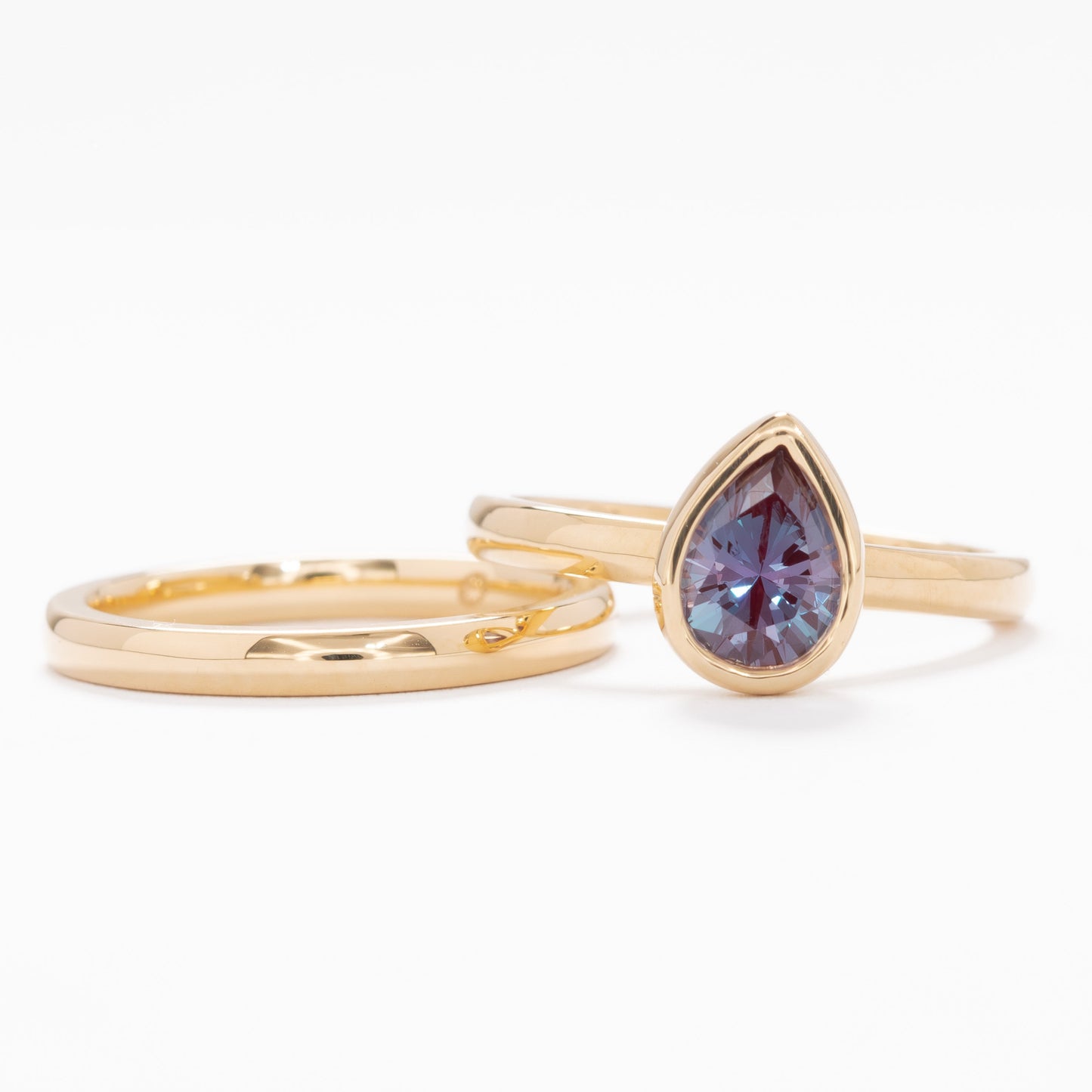cami wedding set with bezel set pear lab alexandrite