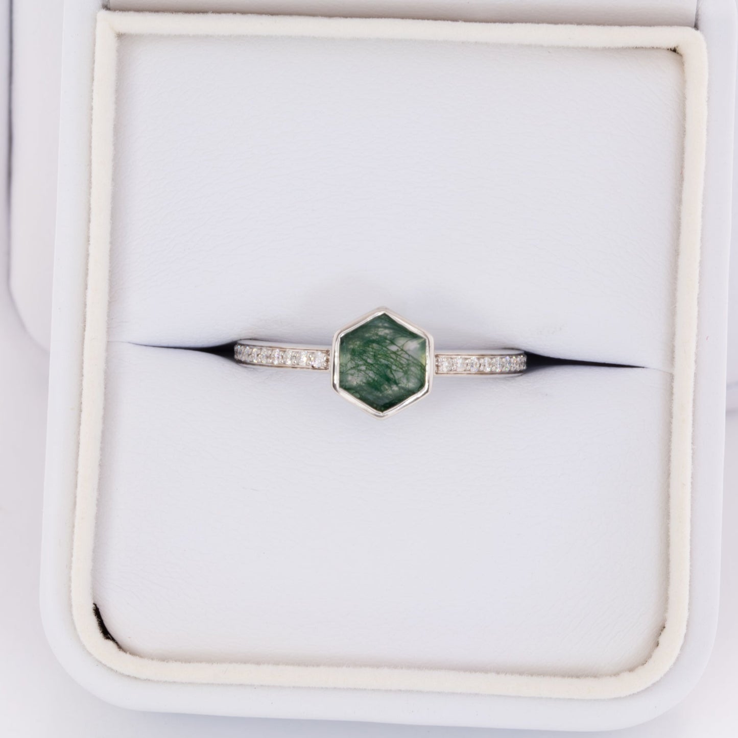carol bezel set accented engagement ring with hex cut moss agate