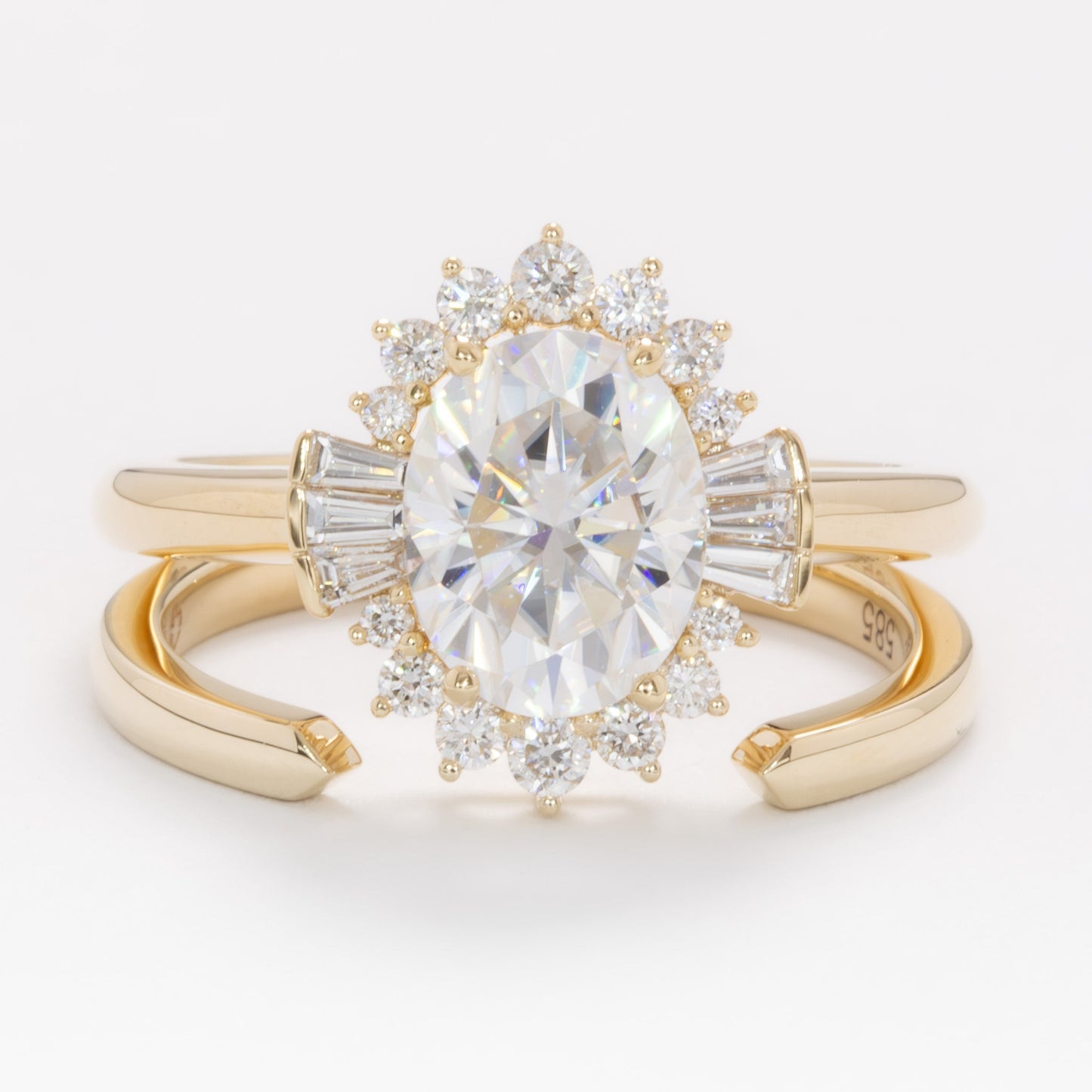 celeste vintage halo wedding set with oval white moissanite