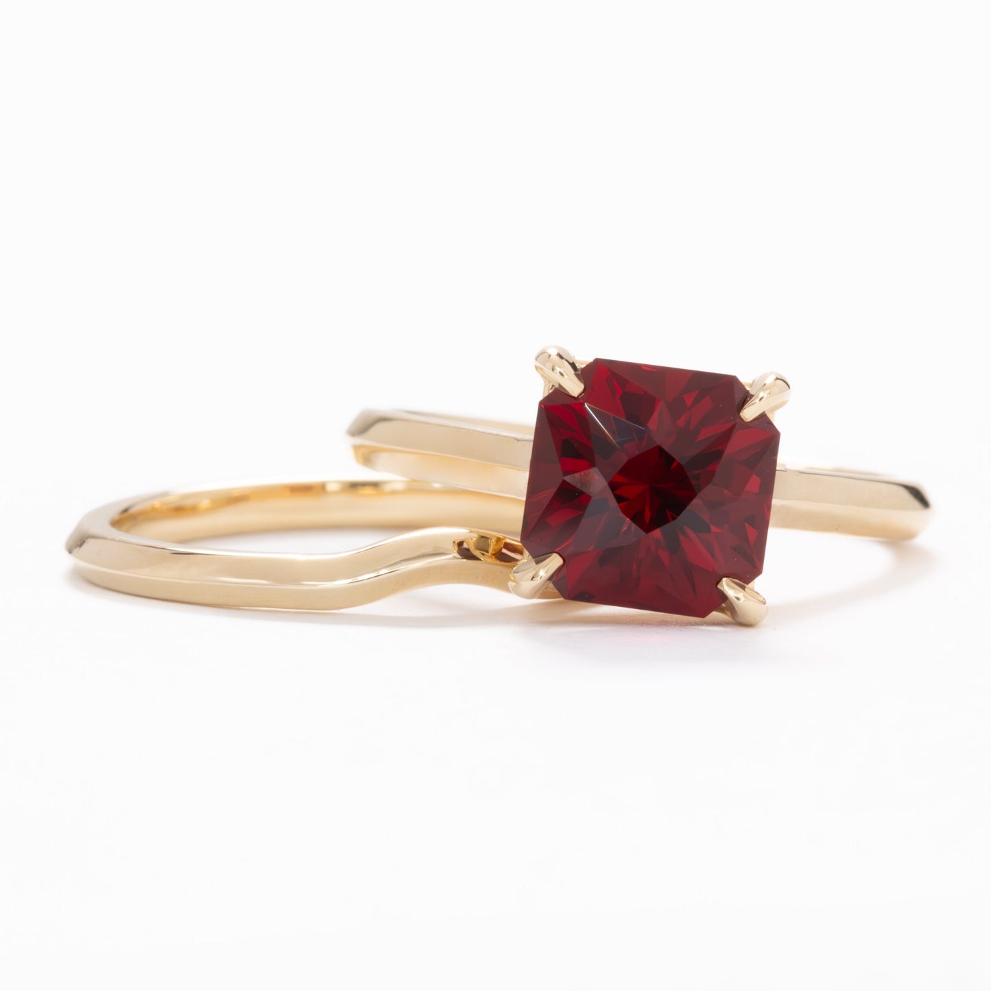 nanea wedding set in yellow gold and lab ruby asscher
