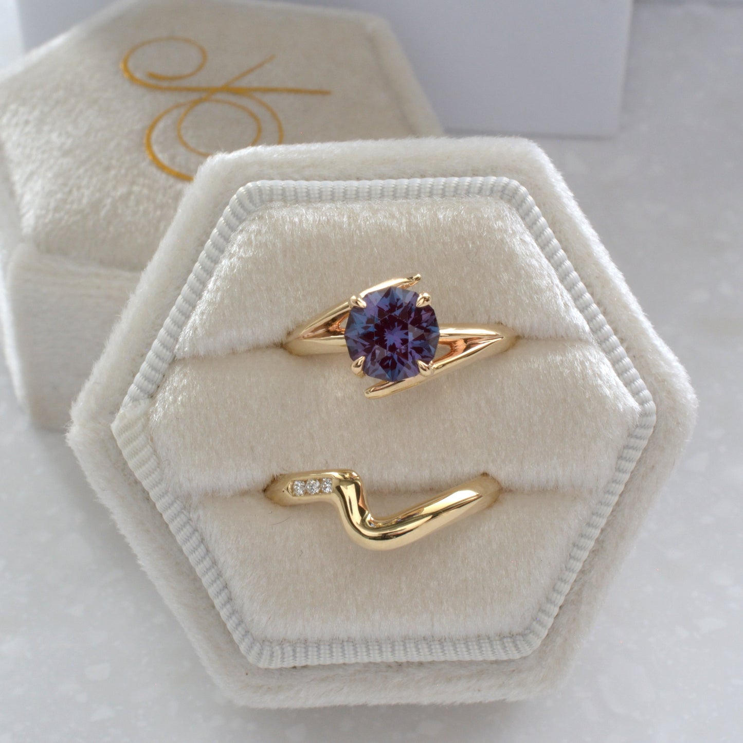 custom bypass wedding set with lab alexandrite