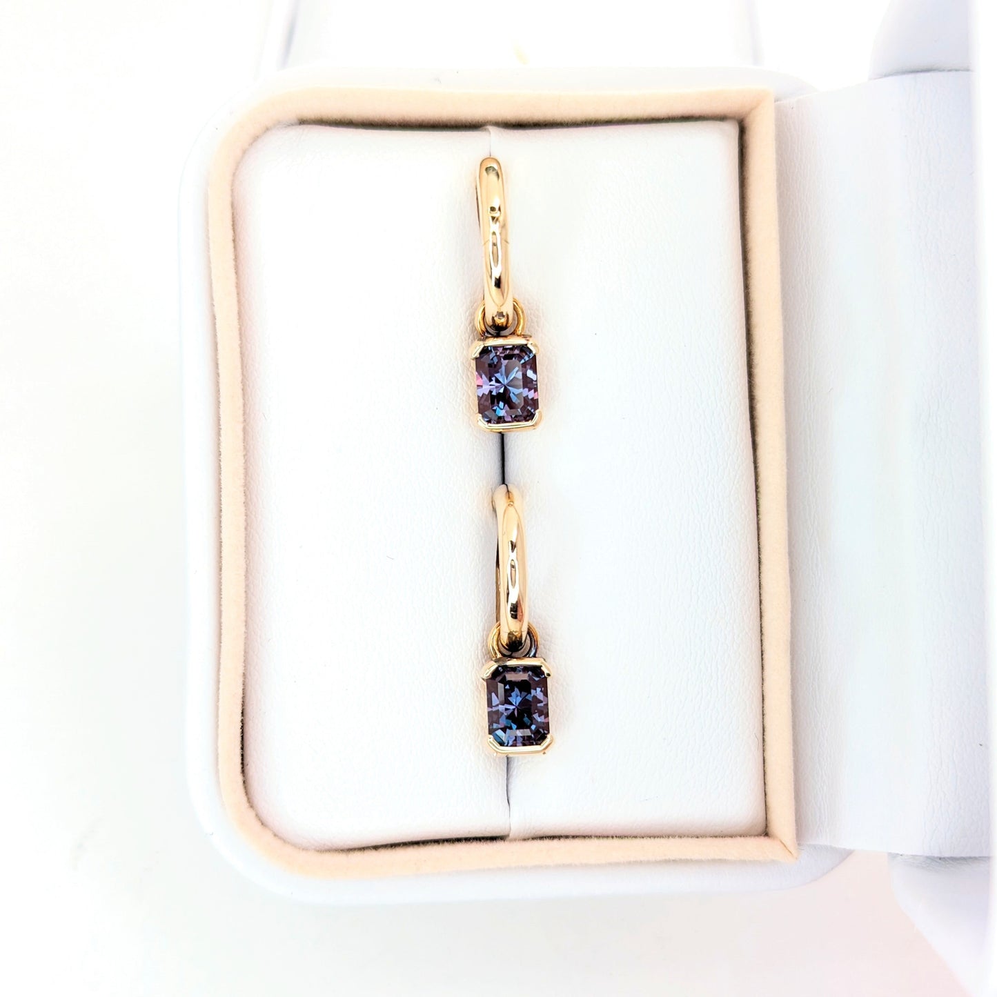 custom yellow gold hoop earrings with radiant lab alexandrites