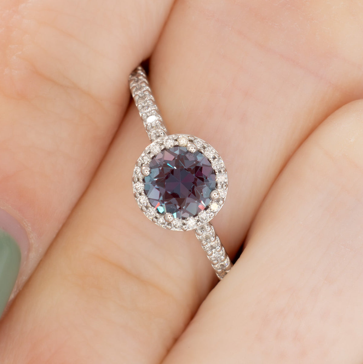 dasha halo engagement ring in white gold with round lab alexandrite
