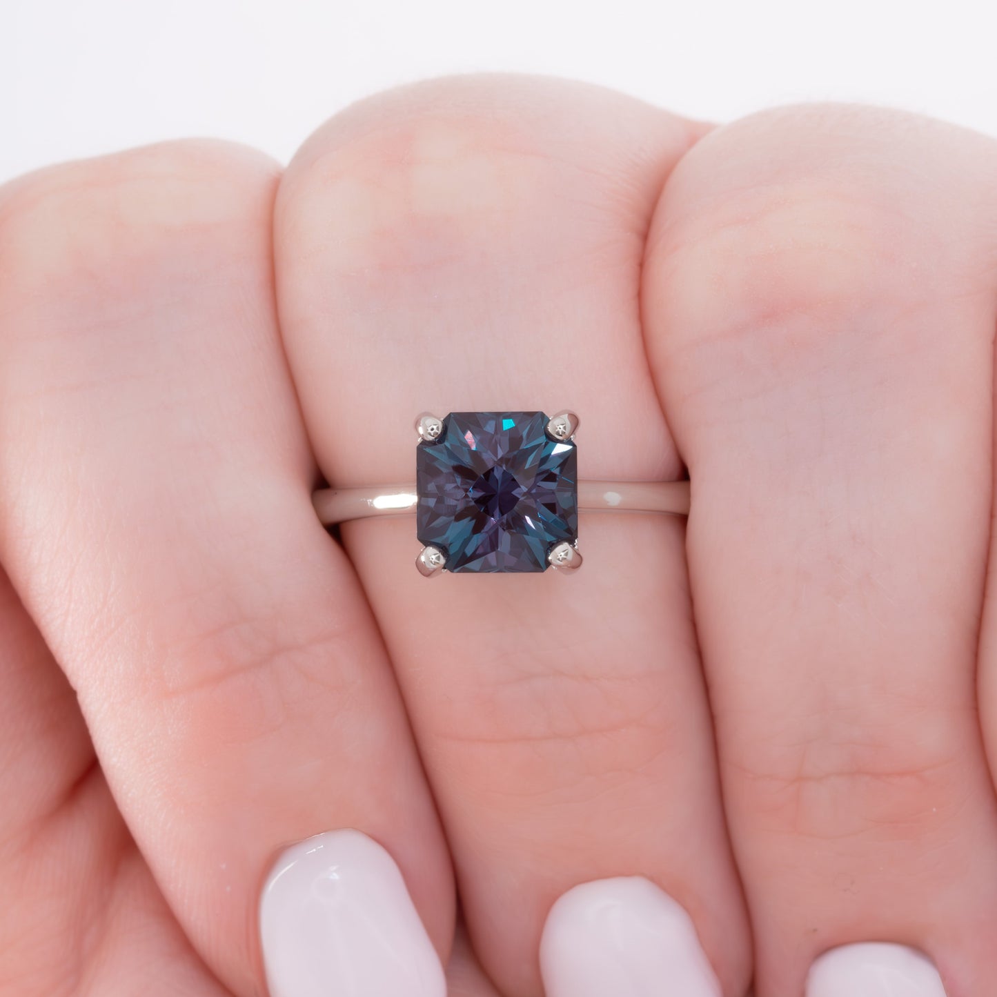 double hidden halo engagement ring with asscher lab alexandrite