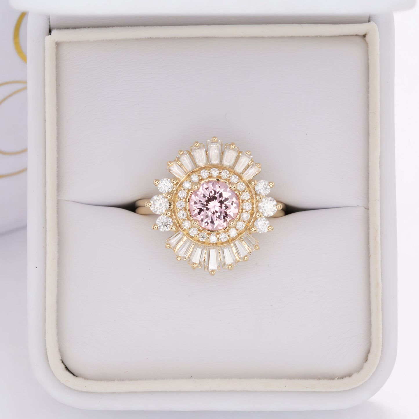 elizabeth art deco halo engagement ring with pink lab sapphire