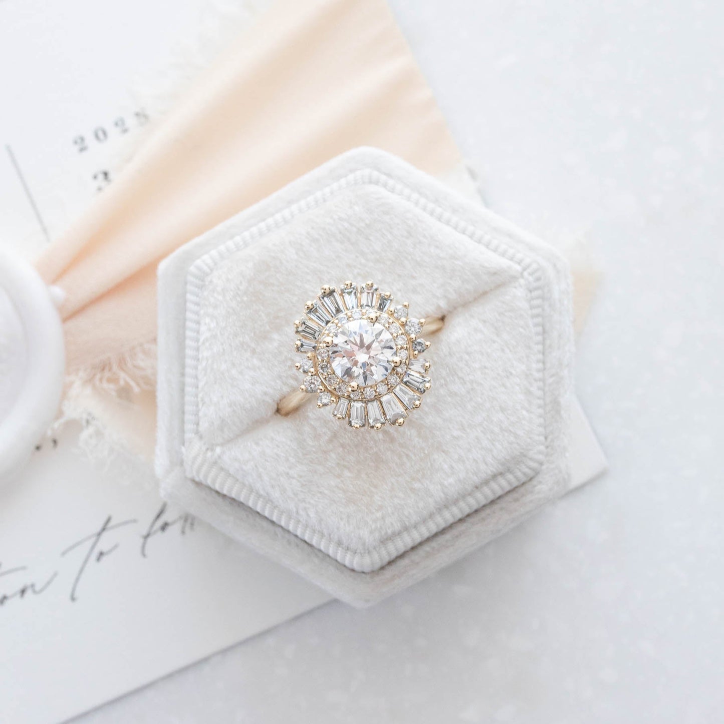 Elizabeth vintage halo engagement ring with lab diamond