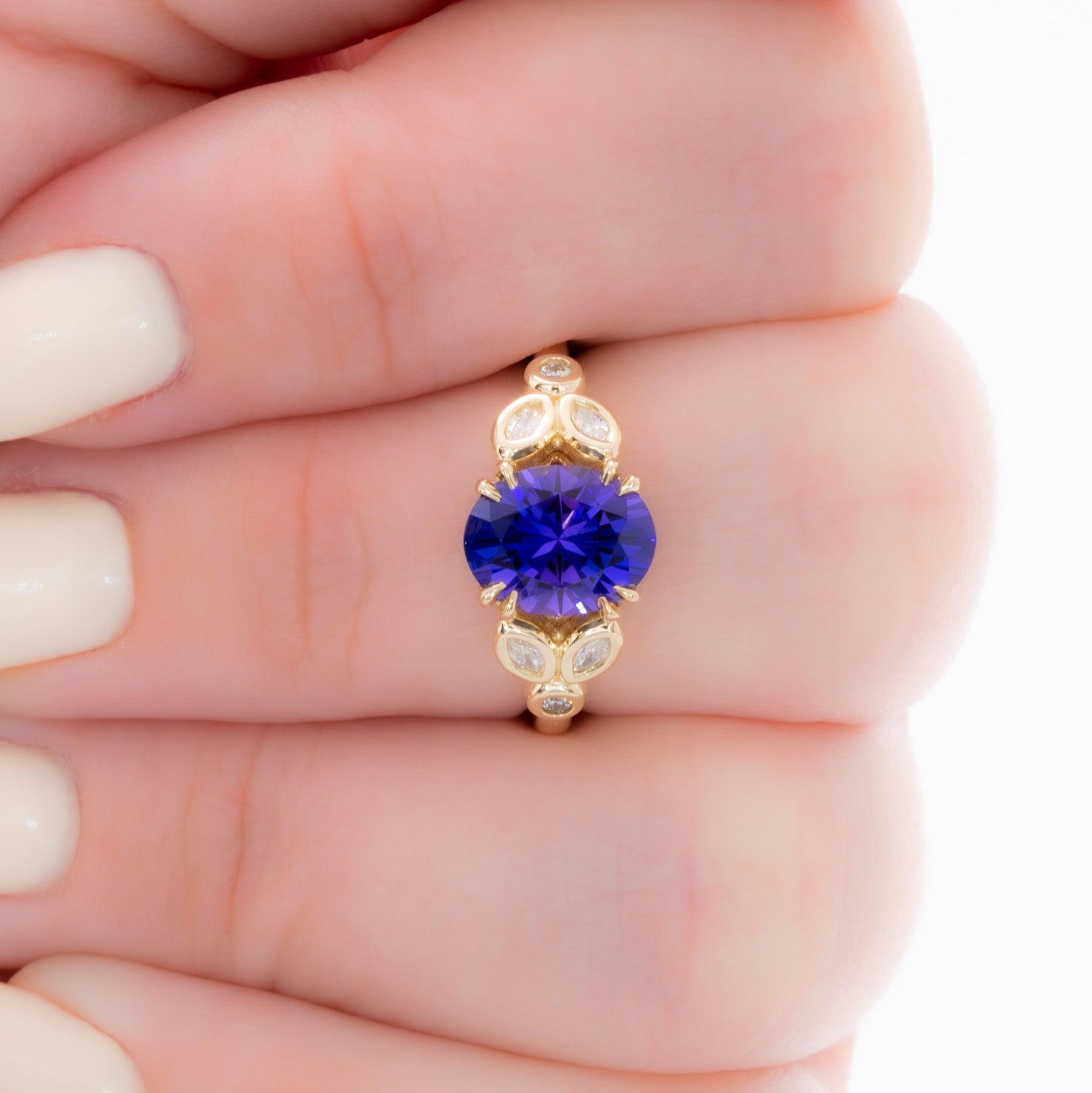 eloise engagement ring in yellow gold with oval purple lab sapphire