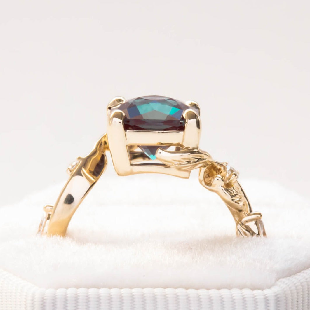 floral inspired bypass ring with lab alexandrite asscher