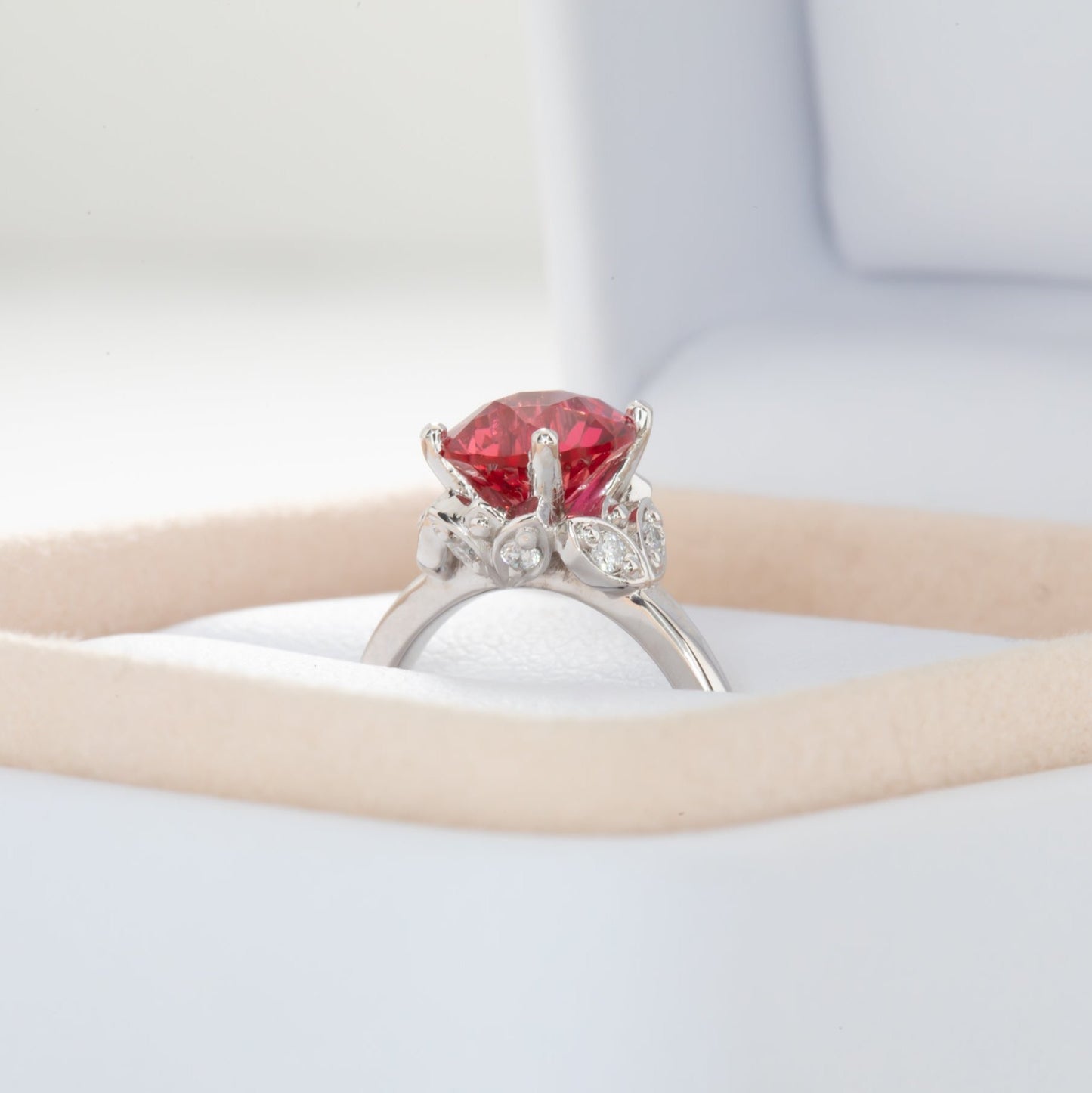 floral inspired ring with lab ruby