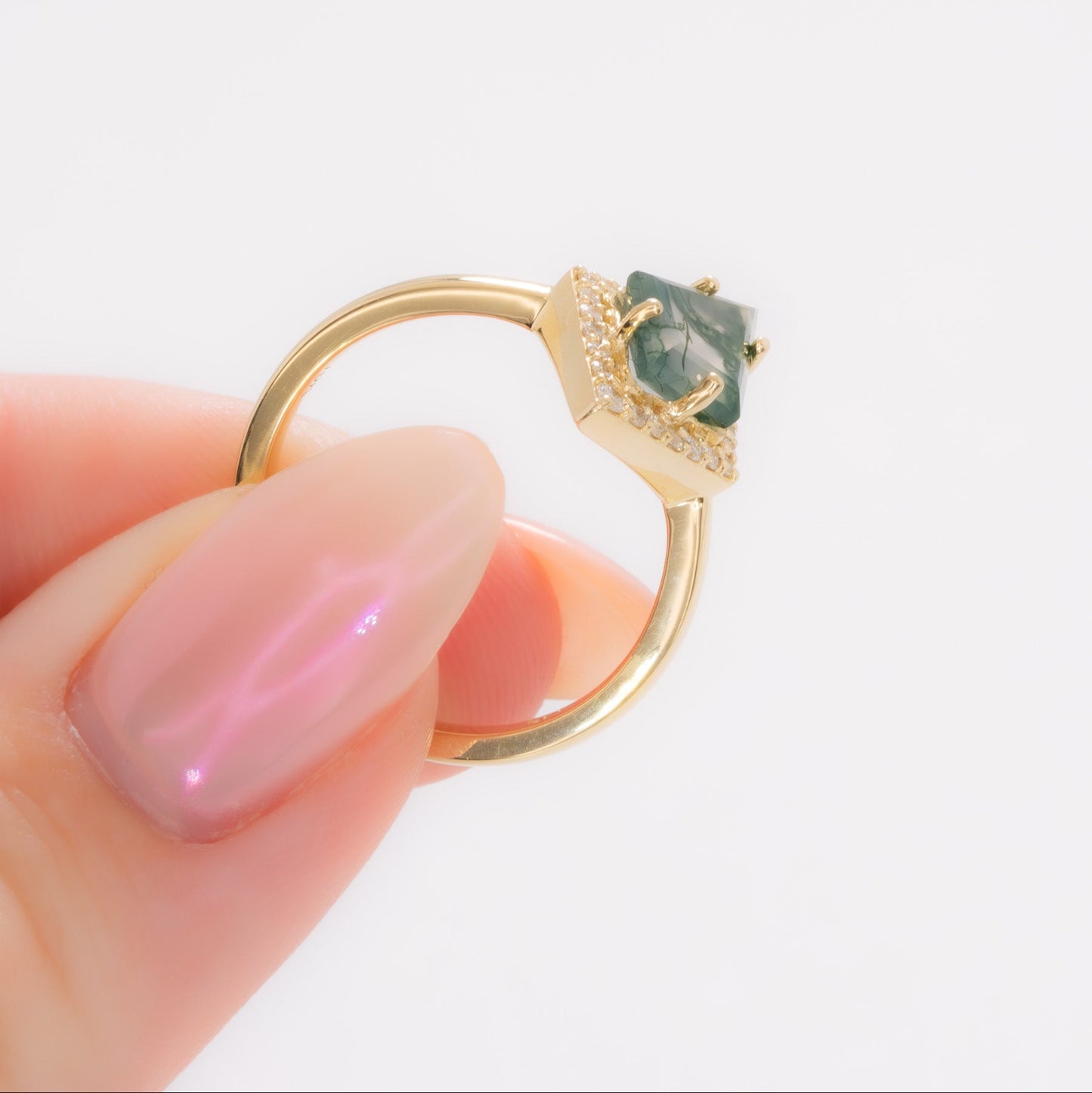 green moss agate kite halo ring in yellow gold