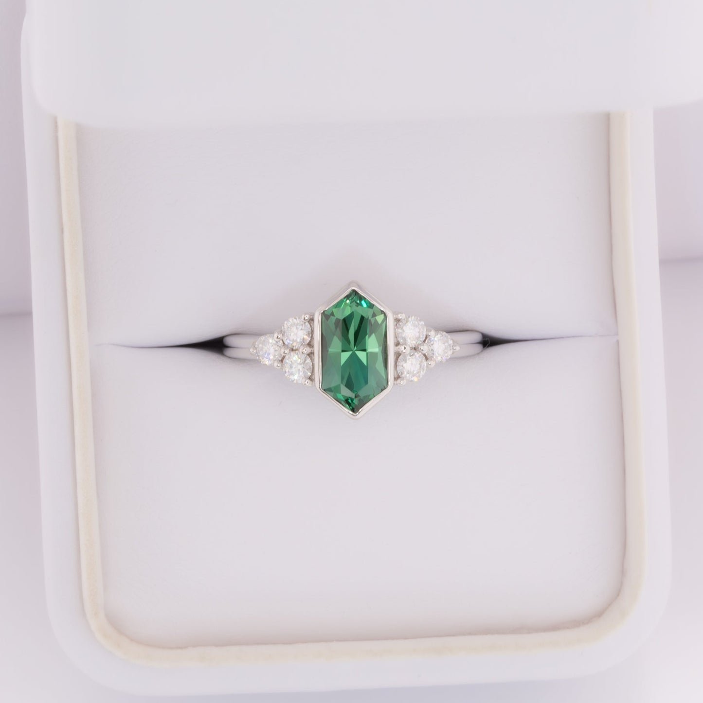 hannah bezel set ring with green lab sapphire dutch marquise