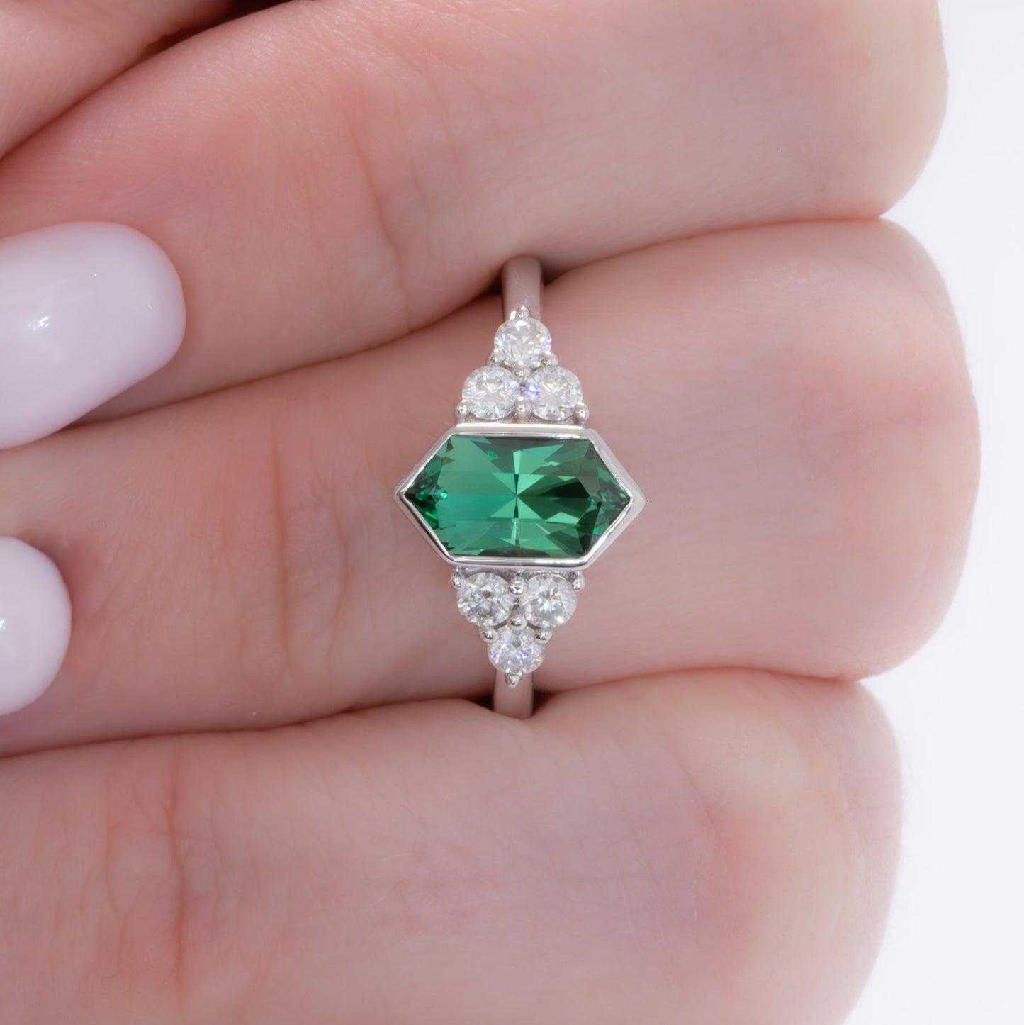 hannah bezel set ring with green lab sapphire dutch marquise