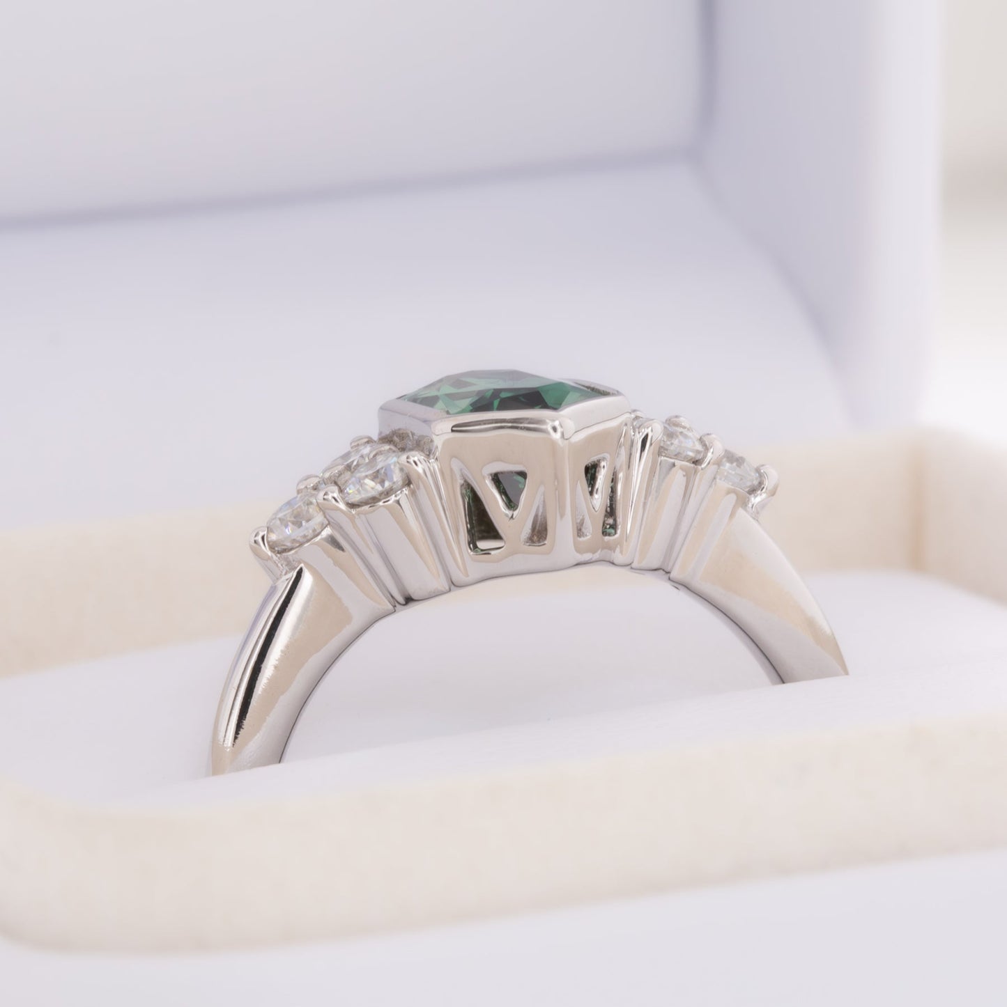 hannah bezel set ring with green lab sapphire dutch marquise