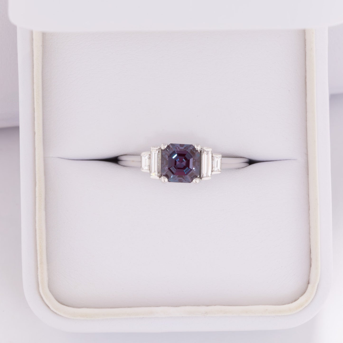 journey engagement ring with asscher lab alexandrite