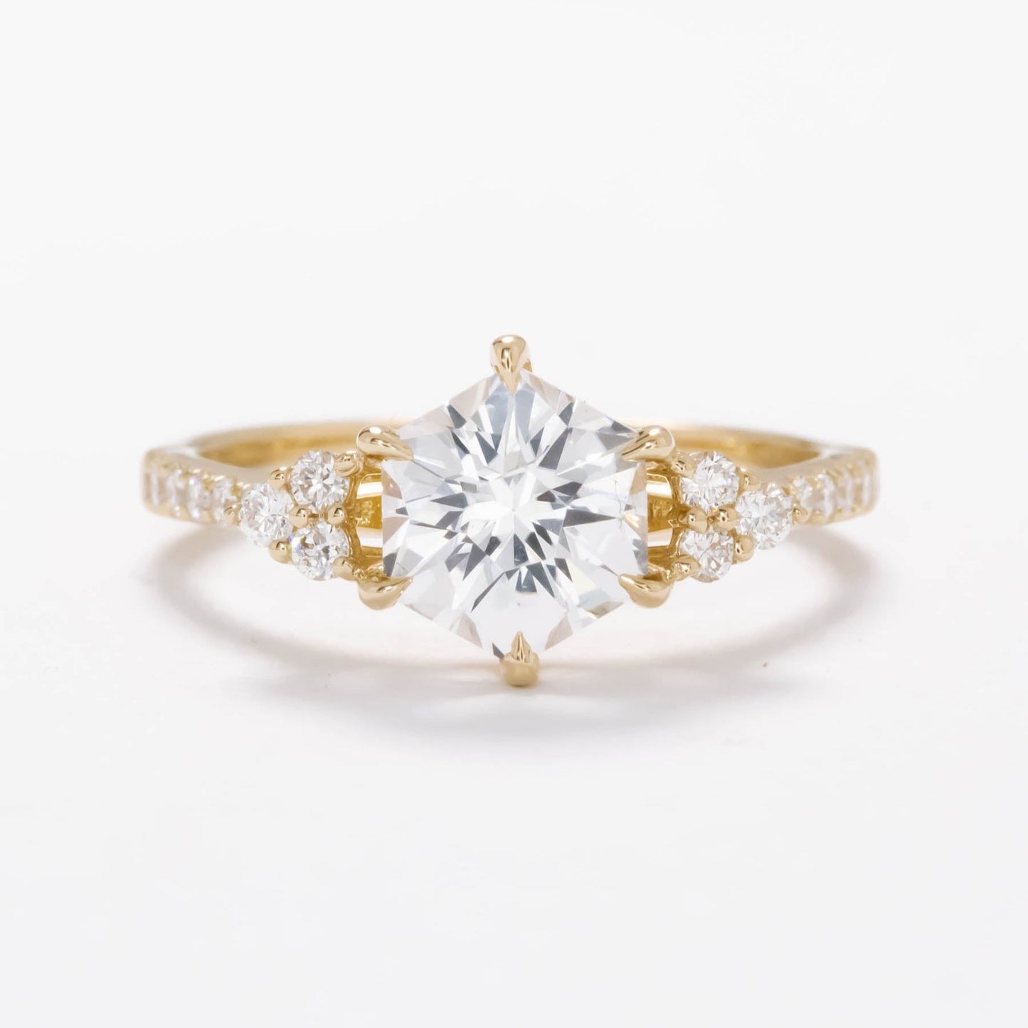 juliette engagement ring with hex cut white lab sapphire