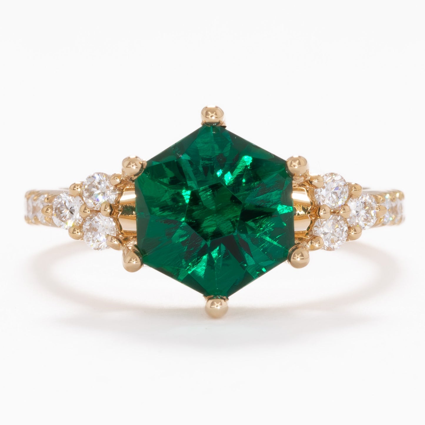 juliette engagement ring with hex cuz lab emerald