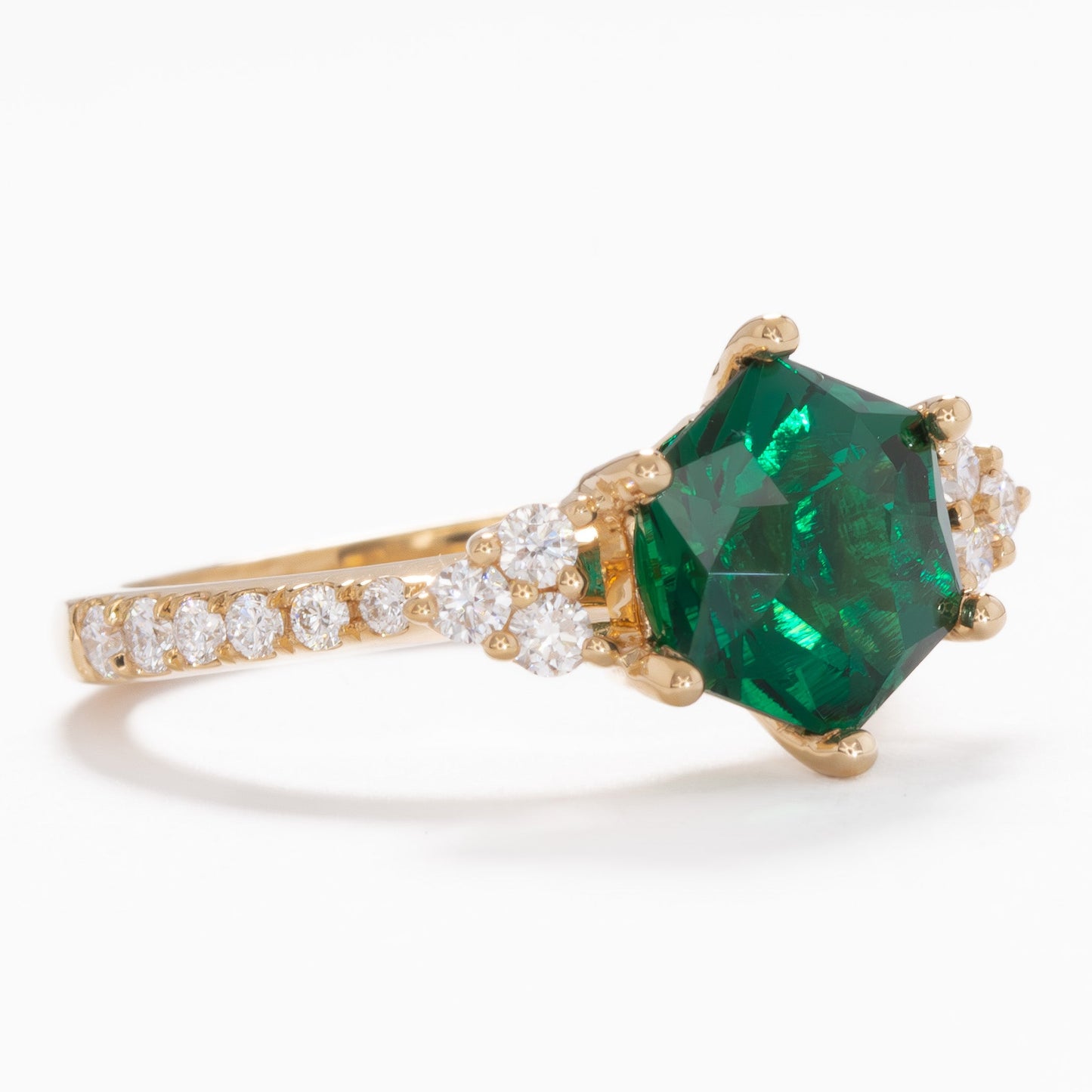 juliette engagement ring with hex cuz lab emerald