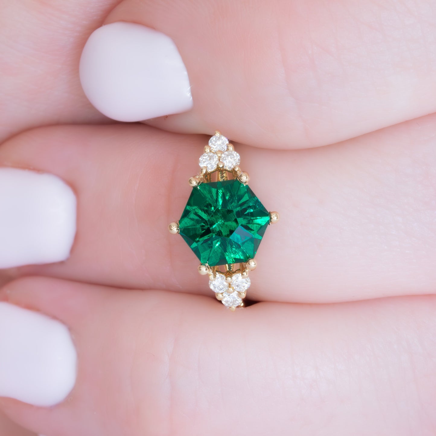 juliette engagement ring with hex cuz lab emerald