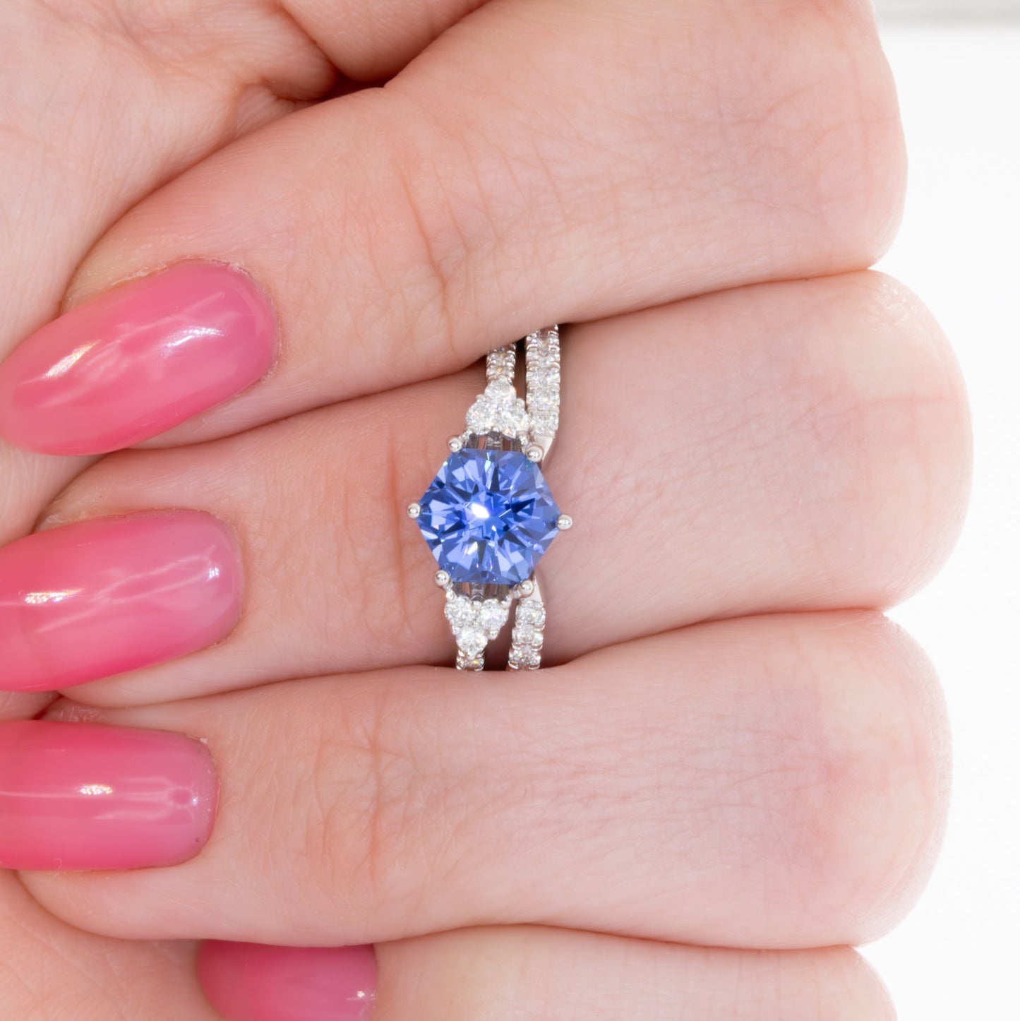 juliette wedding set with blue hex cut lab sapphire