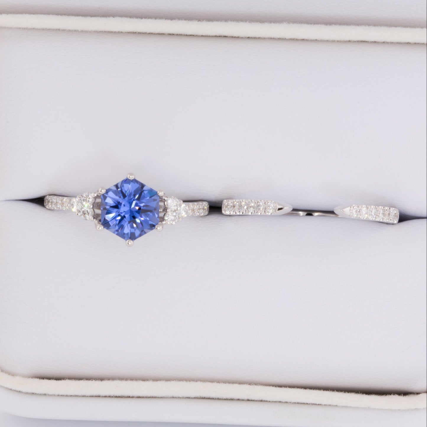 juliette wedding set with blue hex cut lab sapphire