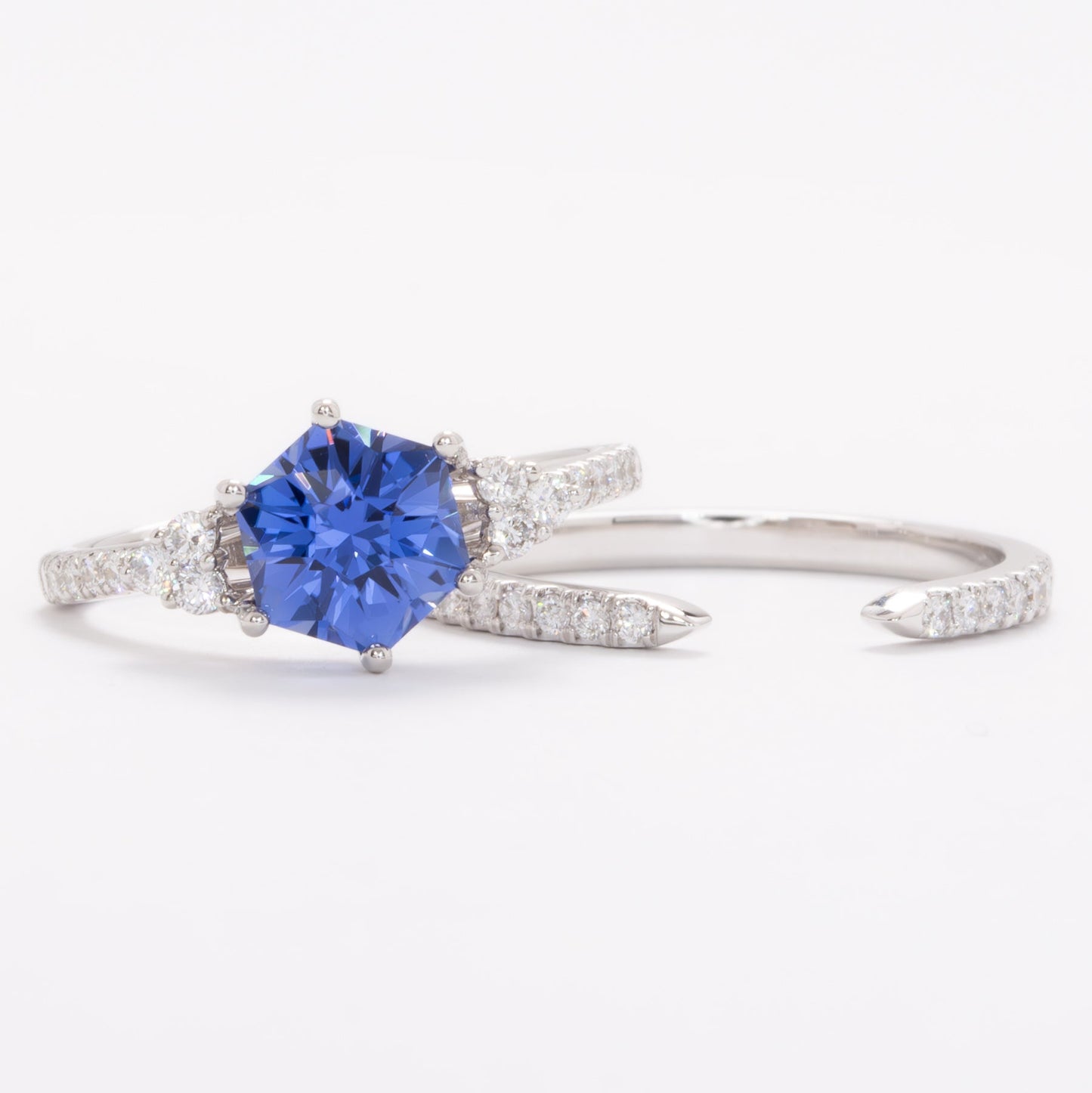 juliette wedding set with blue hex cut lab sapphire